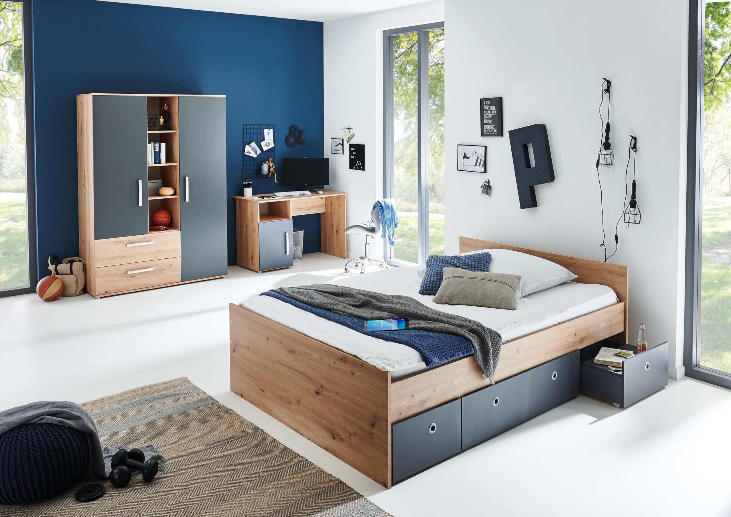 Jugendzimmer Set Alessio 4-TLG. Kleiderschrank Jugendbett 140 x 200 cm Bettschubkästen Schreibtisch