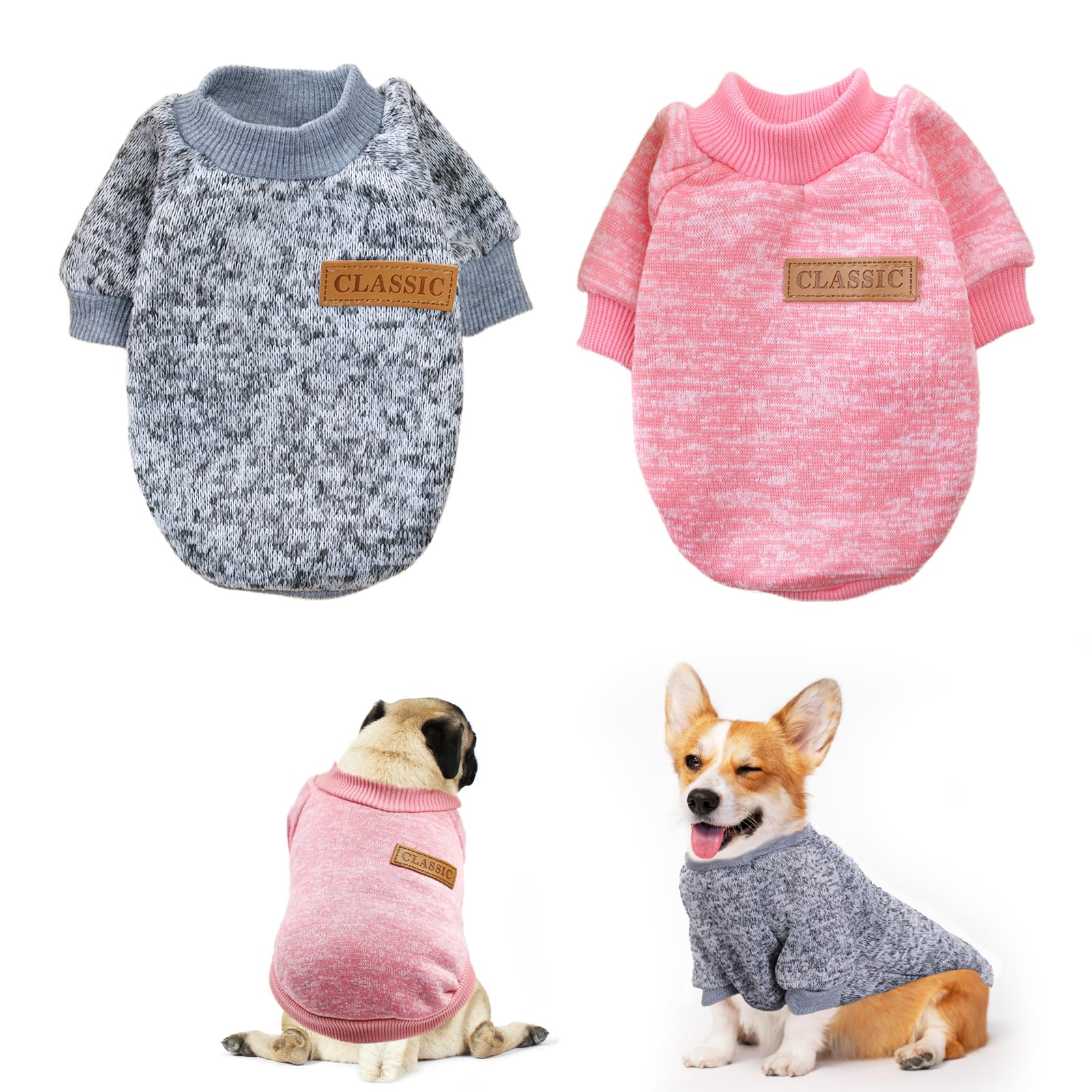 Jersey para Perros Medianos, FainFun 2 Piezas Jersey Perro Mediano, Ropa Sudadera Invierno para Gatos Perro, Jerséis para Perros Pequeños, Jersey Perro, Rosa Gris XL