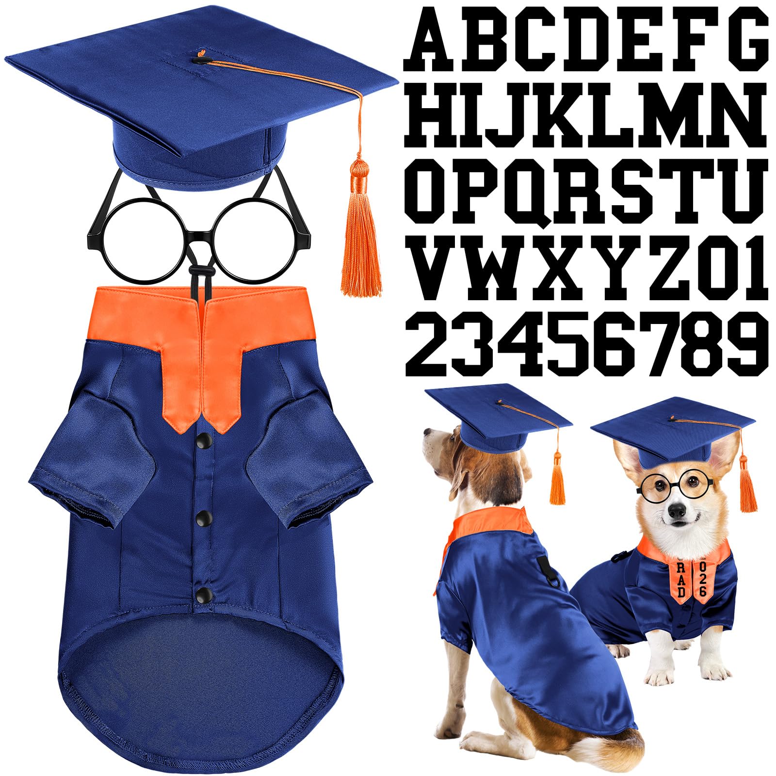 Huhumy 5 Pcs Dog Graduation Costume Set Include 2025 Pet Graduation Gown with Stole Puppy Grad Cap Lensless Glasses DIY Letter Stickers for Dogs Cats