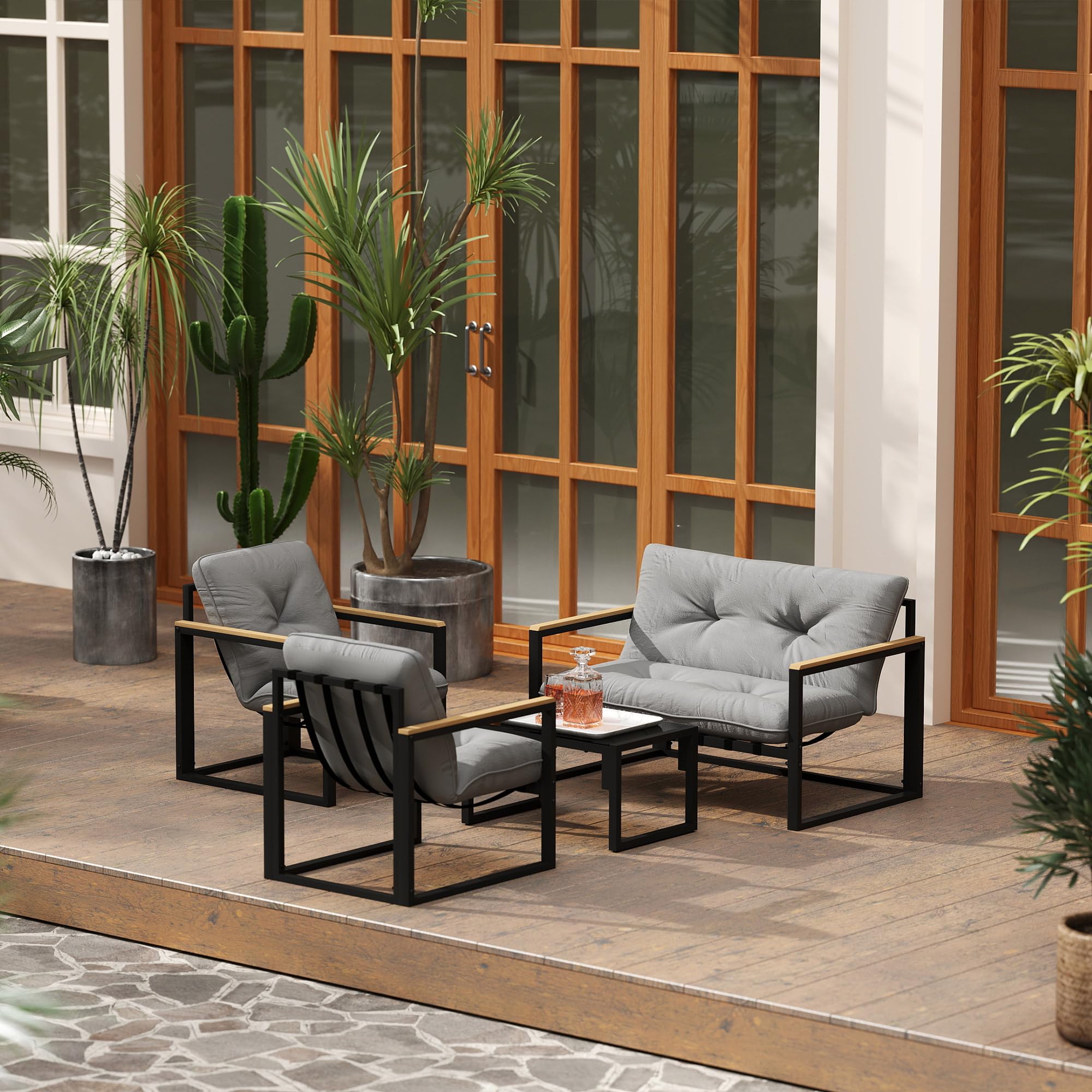 Outsunny Salon de Jardin extérieur 4 Personnes, 4 pièces avec canapé, 2 fauteuils et Table Basse en Verre trempé, Coussins Inclus, mobilier de Jardin Patio Balcon terrasse, Gris