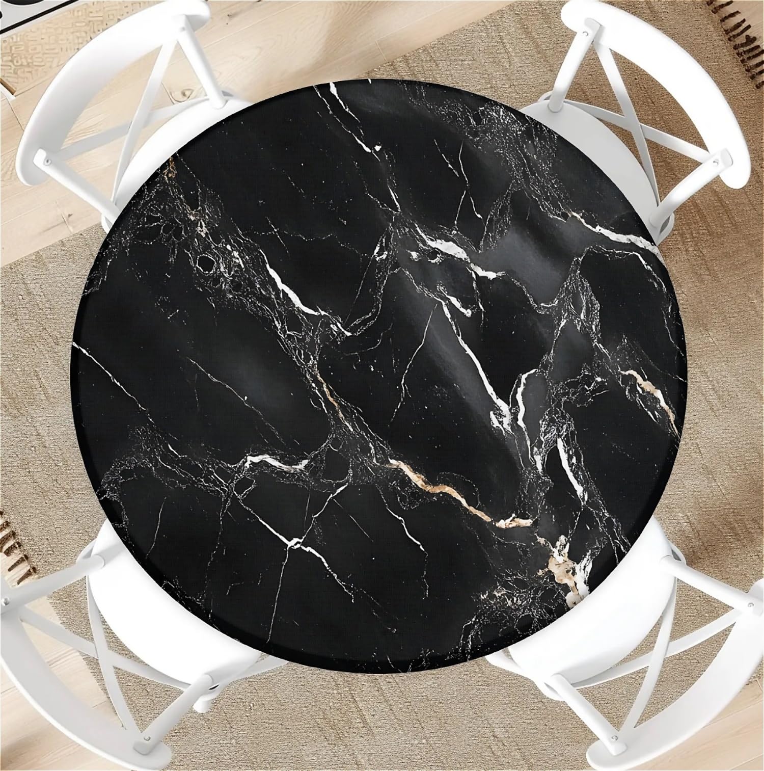 Outdoor Runde Tischdecke mit Gummizug Ø 36in-90cm- Elastisch Garten tischdecke mit Schwarzer Marmor Muster Passend für 75cm-85cm