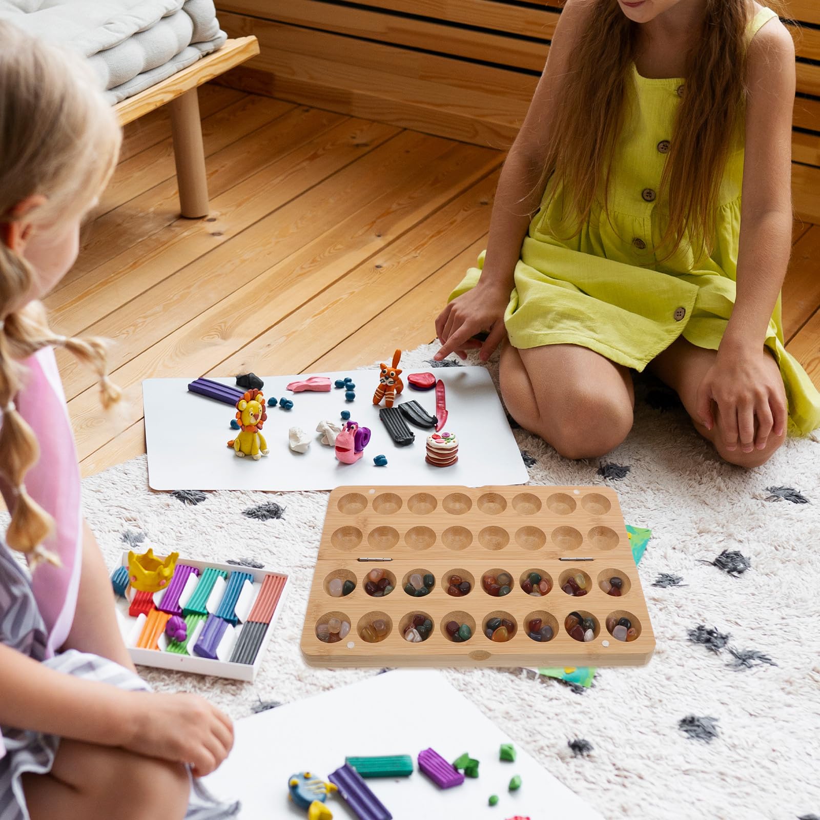 Juego de Mancala Infantil Plegable de Bambú y Piedra, 1 Juego Educativo