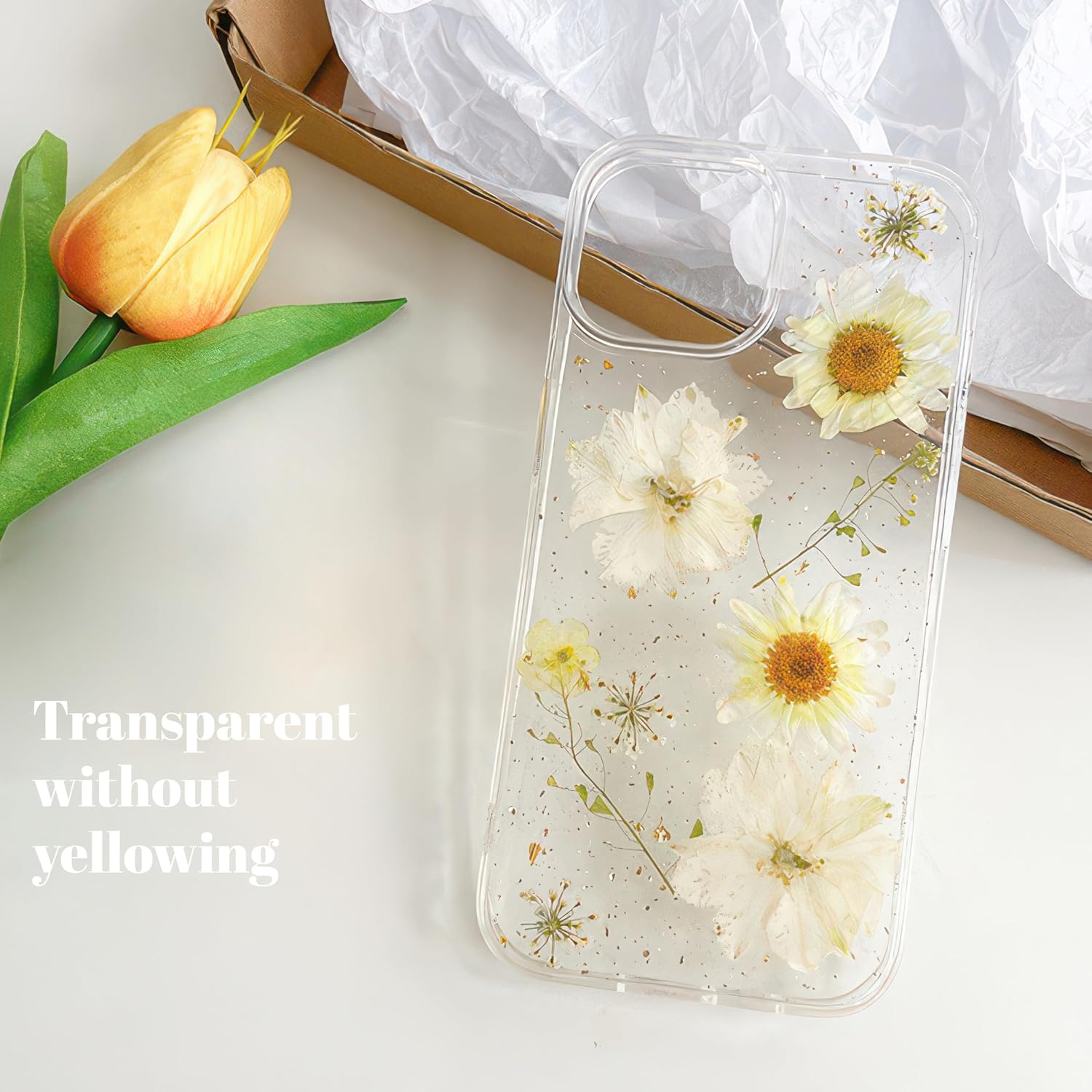 for iPhone 16 Clear Case with Pressed Real Flowers Design - Glitter Cute White Floral Pattern, Slim Soft TPU Protective Phone Cover for Women and Girls (iPhone 16, Clear White) - Image 4