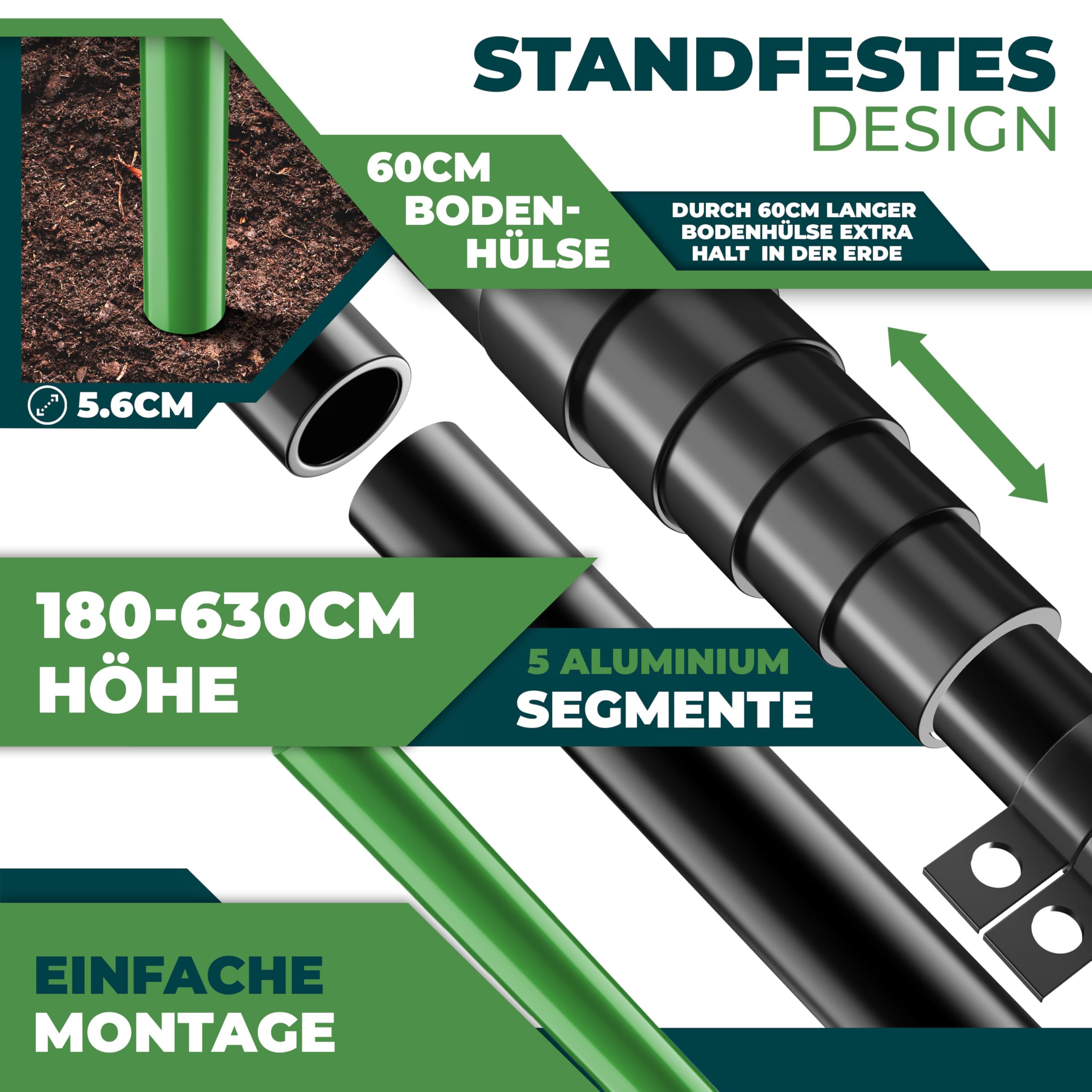 Mât Télescopique Pour Drapeau En Aluminium - Hauteur Réglable De 2,1 à 6,1 M - Avec Douille De Sol Et Système De Hissage