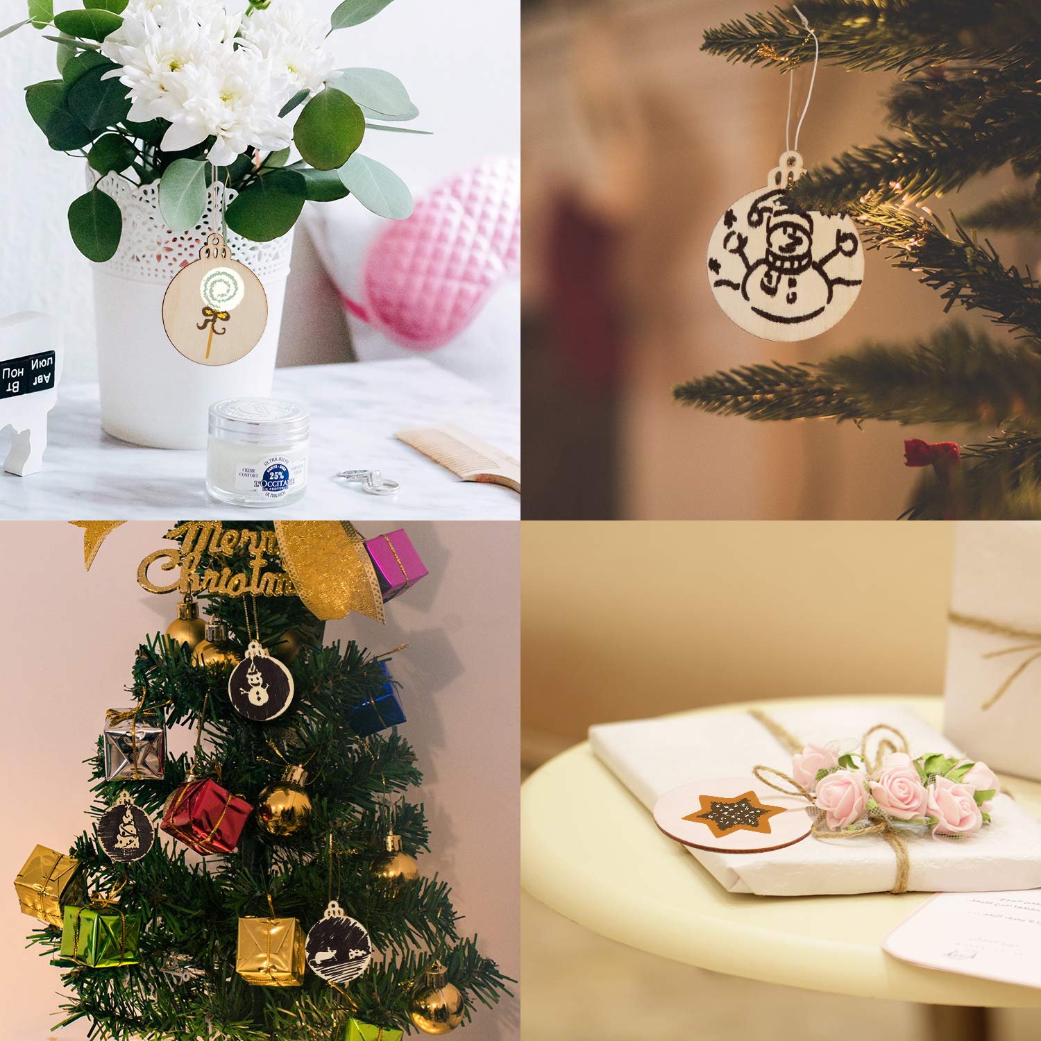 SAVITA - Bola de Navidad de madera (60 unidades, discos de madera, redondos, bridas de madera, decoraciones navideñas para pintar, para bricolaje, artesanal, decoraciones para árboles de Navidad,