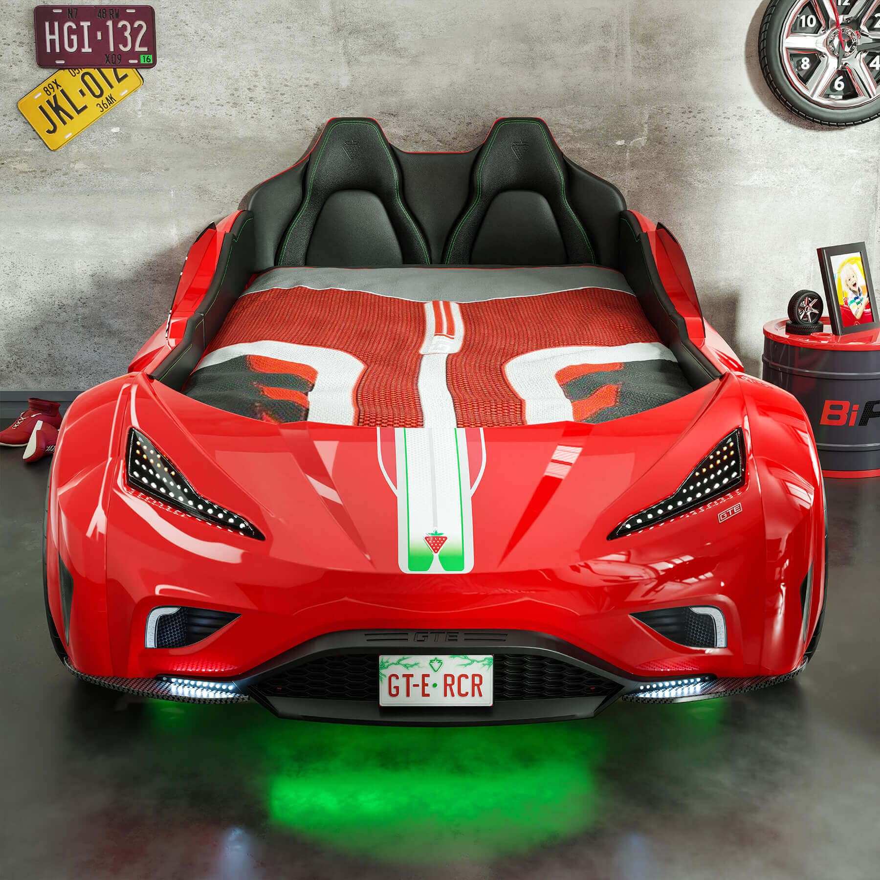 Generico Cama de coche GTE para niños roja con luces LED, asientos deportivos, ruedas realistas y sonido clave – Cama coche eléctrico deportivo 127 x 220 cm