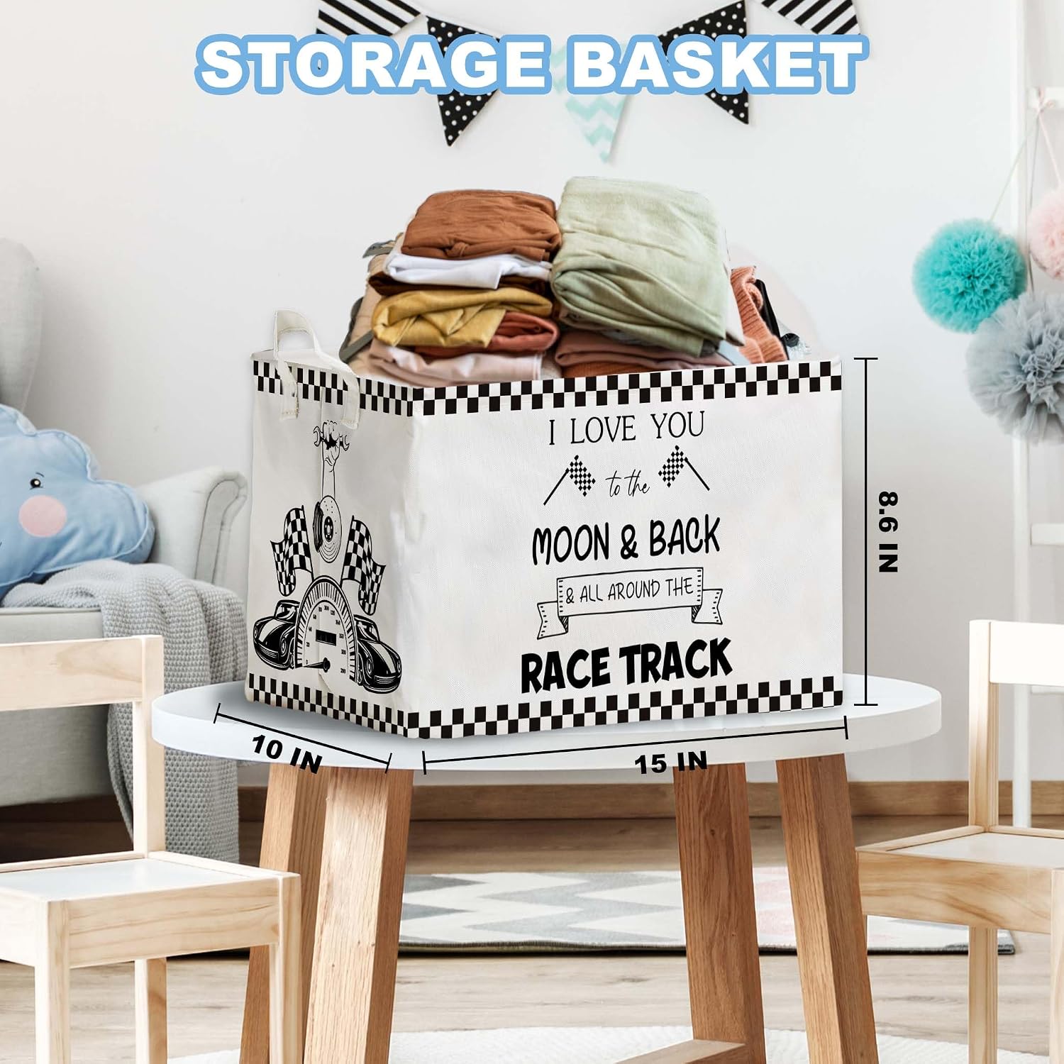Race Car Storage Basket for Boys, Boys Checkered Basket, Race Flag Kids Baby Storage Bin Toy, Car Themed Room Decor for Nursery, Large Squarecanvas Laundry Hamper With A Waterproof PECoating, Foldable thumbnail