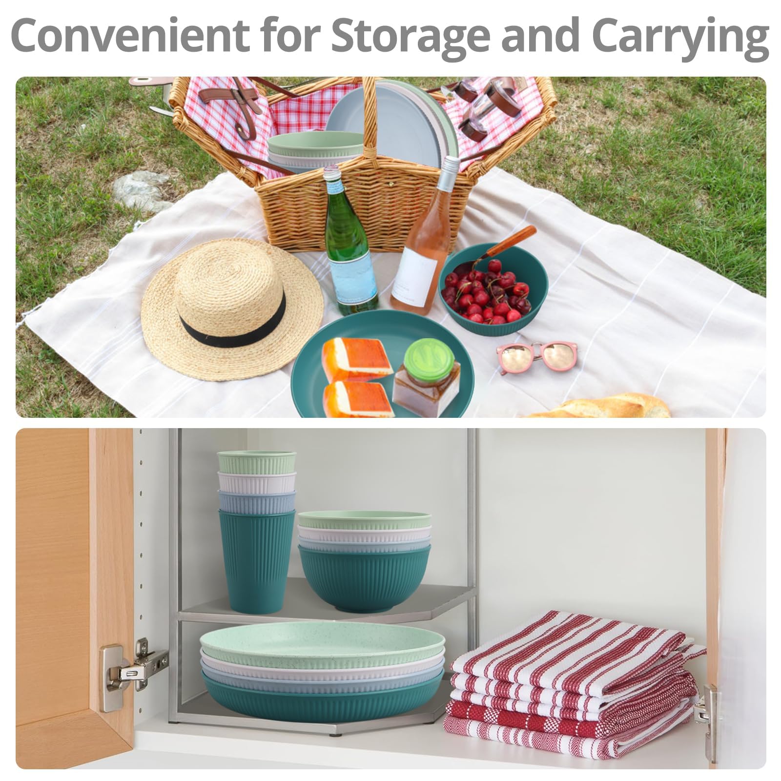 Tanice Juego de Vajilla 12 Piezas para 4 Personas–Set de Platos, Cuencos y Tazas de Plástico Reutilizable, Vajilla Ligera Resistente y Apilable, Apta Lavavajillas Microondas para Cocina Hogar Camping