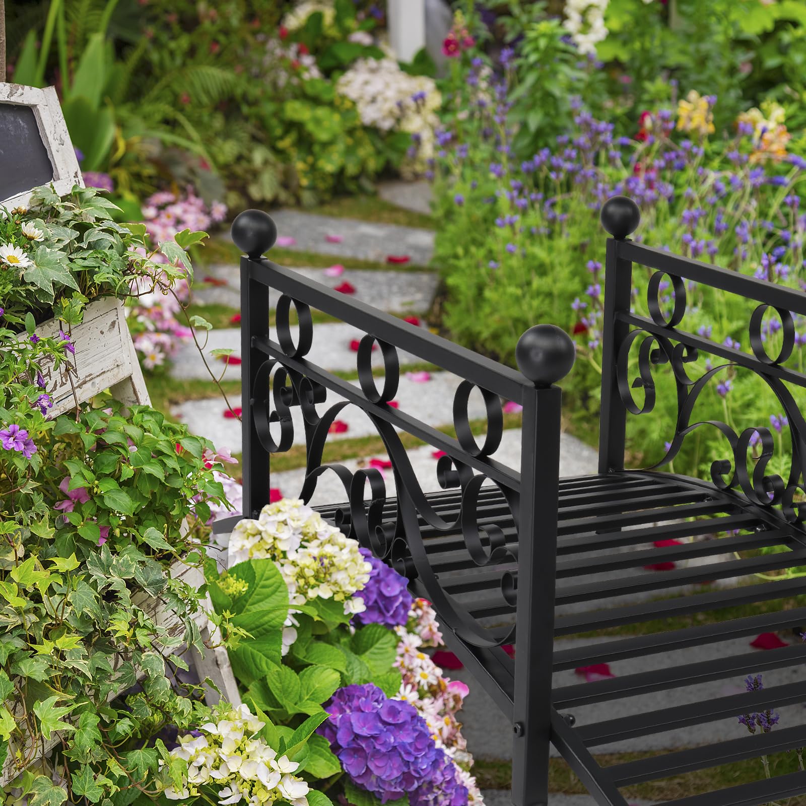 Black Iron Garden Bridge - Decorative Foot Bridge With Safety Rails For Landscaping