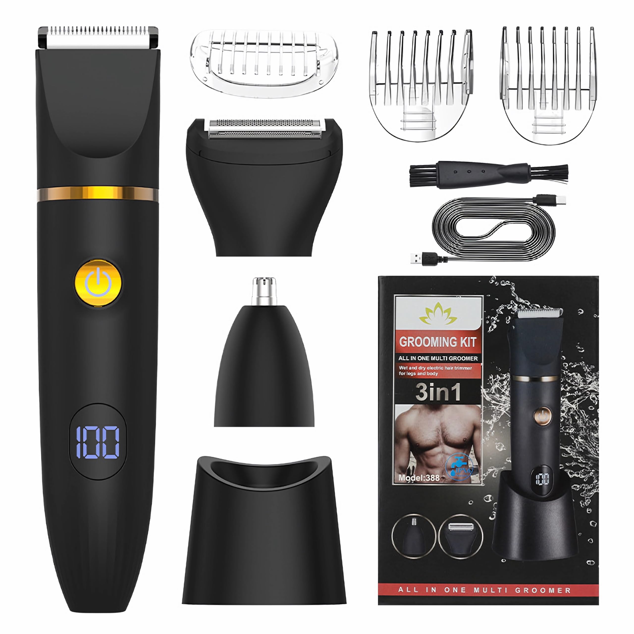 Rasoio elettrico 3 in 1 impermeabile IPX6 con rifinitore di precisione e rasoio per corpo, naso, inguine, gambe e petto, display a LED