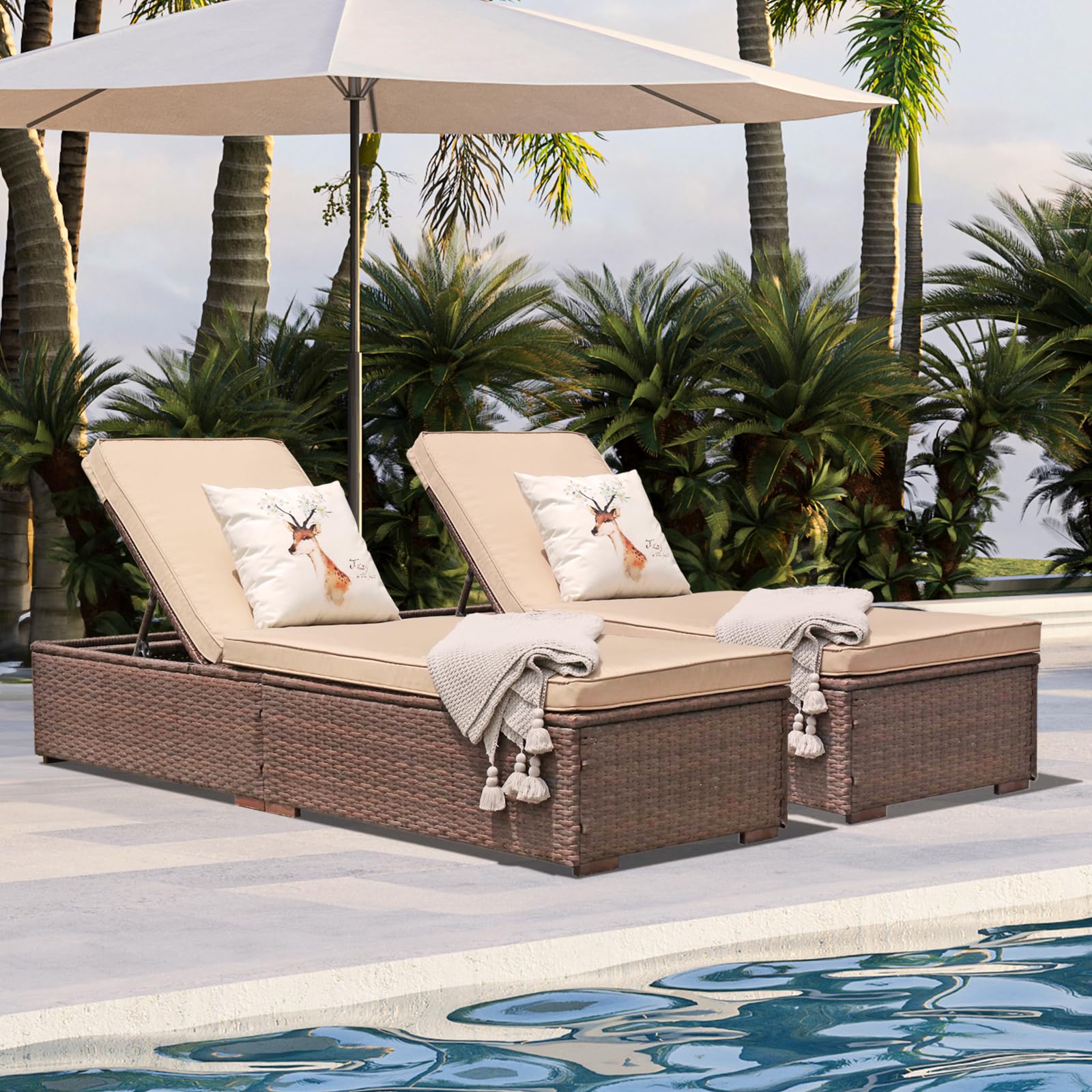JOIVI Outdoor Chaise Lounge Chair Set of 2, 2 Pieces All-Weather PE Wicker Patio Chairs Pool Lounge Chairs for Outside, Brown Rattan Reclining Outdoor