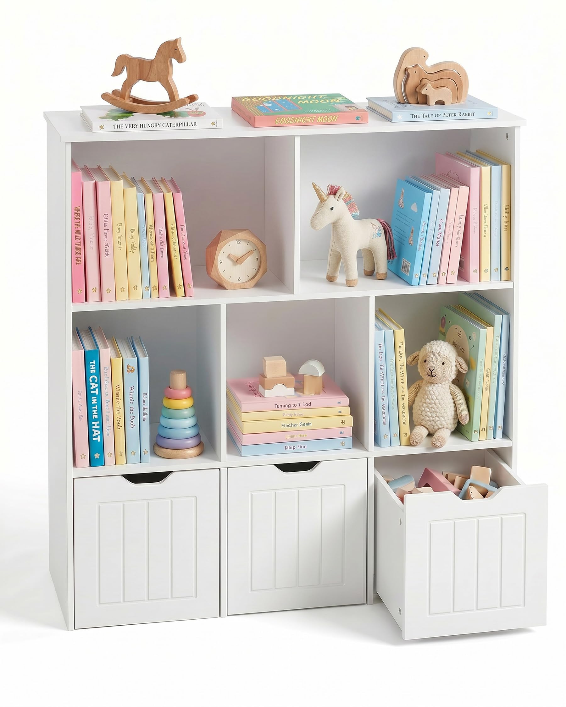 Organizador de Juguetes con Cajones, Estanteria Infantil Montessori, Mueble Almacenaje para Habitación Infantil, Librería con 5 Estantes, Estante para Niños, Blanco 100x33x89.5cm