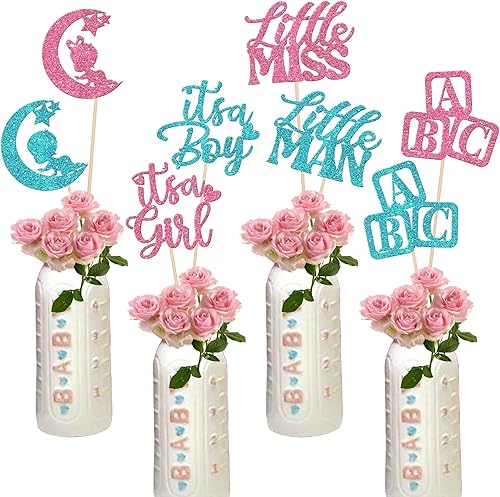 Paquete de 16 palitos de centro de mesa para niño o niña, decoraciones de fiesta de revelación de género, decoración de fiesta de cumpleaños para