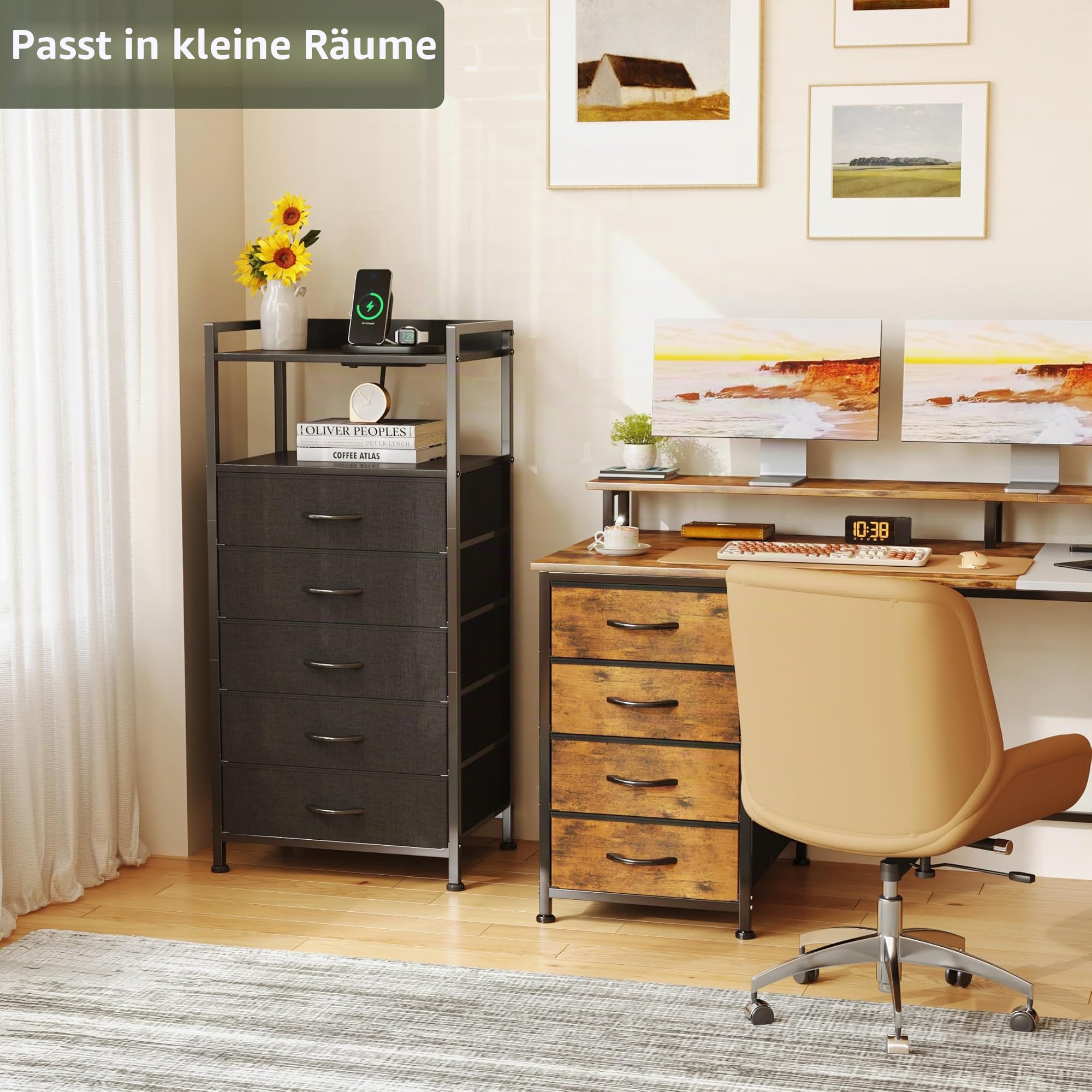 CAIYUN Nachttisch mit Ladestation, hohe Schwarze Kommode für das Schlafzimmer, Nachttisch mit LED-Beleuchtung, Beistelltisch für das Wohnzimmer, Stoff-Aufbewahrungsschublade, Metallgestell, Holzmöbel