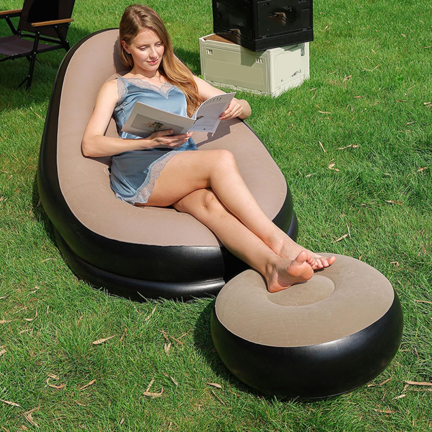 GWFBLID Portable PVC Blow Up Sofa Air Chair Couch with waterproof flocked top Inflatable Deluxe Lounger With Foot Stool/Perfect Chair For Gaming Reading & Movie Watching/Lounger