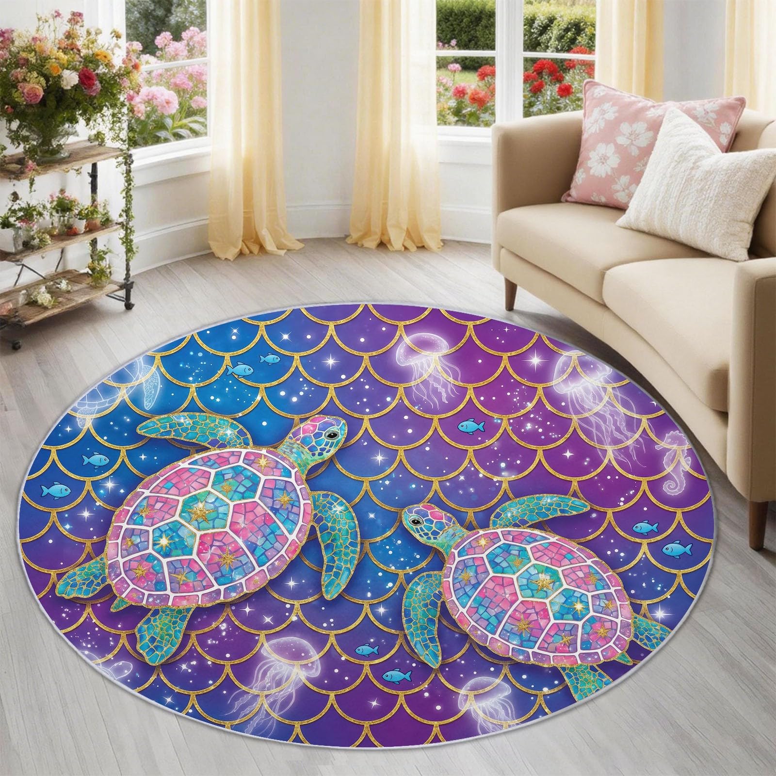 Generisch Alfombra de juegos para niños, ultrasuave, antideslizante, lavable, animales marinos, espacio exterior, alfombra infantil para niñas y niños, tortuga marina gigante bohemia y estrellas, 120