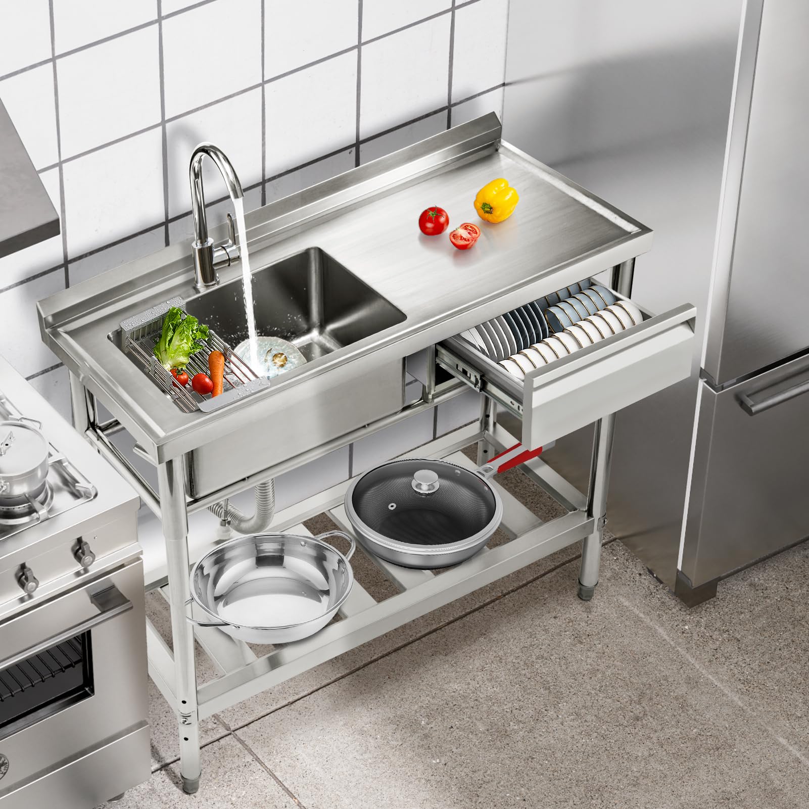 Trintion Freistehende Edelstahl Spültisch, 1 Becken mit Rechte Schublade, Gewerbliche Spülbecken mit Wasserhahn,Kalt und Warmwasserschläuchen, Innen-und Außenspüle für Waschküche, Bauernhaus(99cm)