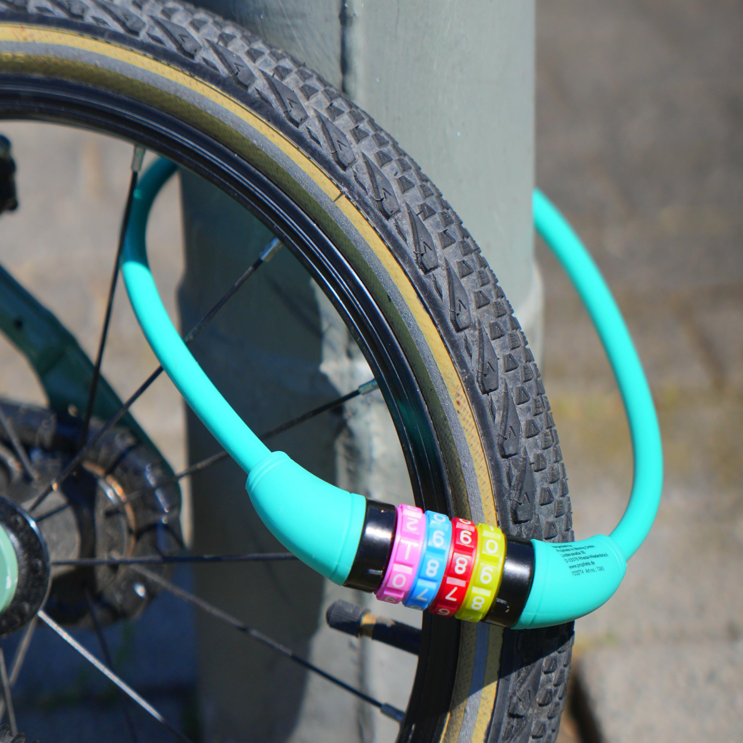 Prophete Lucchetto per bicicletta con numeri per bambini, combinazione a 4 numeri, codificabile liberamente, dimensioni: 650 mm, Ø 10 mm, turchese
