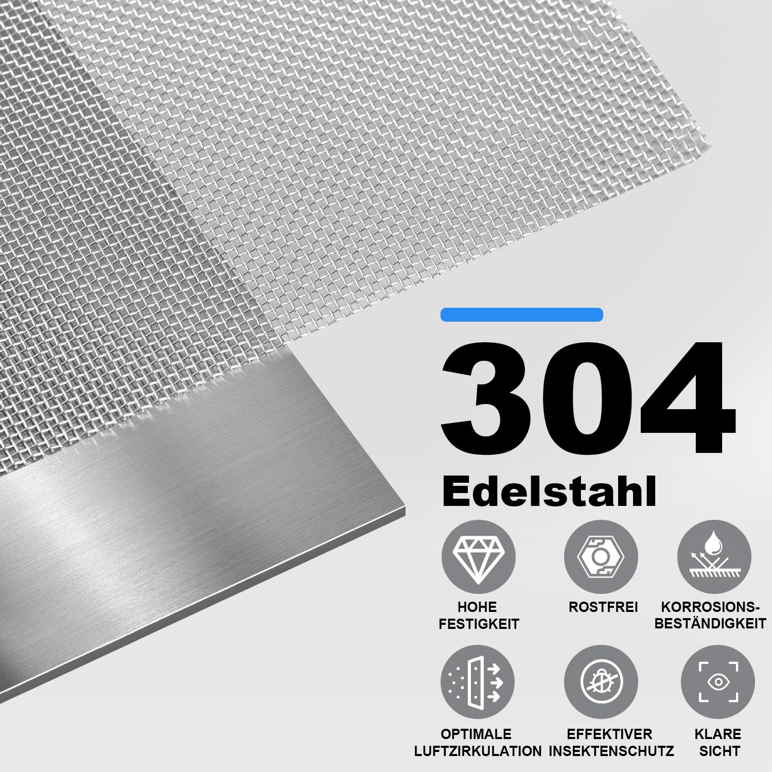 Edelstahl Fliegengitter 304 60x300 cm feinmaschig – Drahtgitter Metall rostfrei, Lichtschachtabdeckung, Kellerschachtgitter, Mäusegitter, Insektenschutz Fenster Türen
