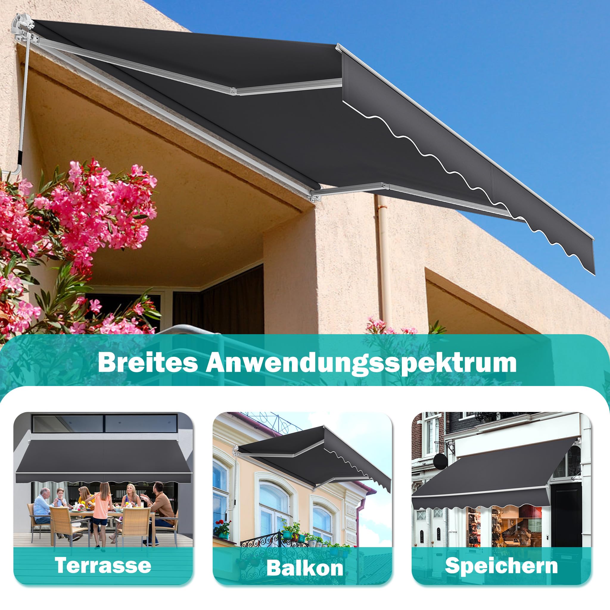 ACXIN Aluminiowa markiza przeciwsłoneczna, markiza z ramieniem przegubowym, markiza kasetowa, markiza balkonowa, ciemnoszara, łatwa obsługa za pomocą korby ręcznej (2,5 m x 2 m)