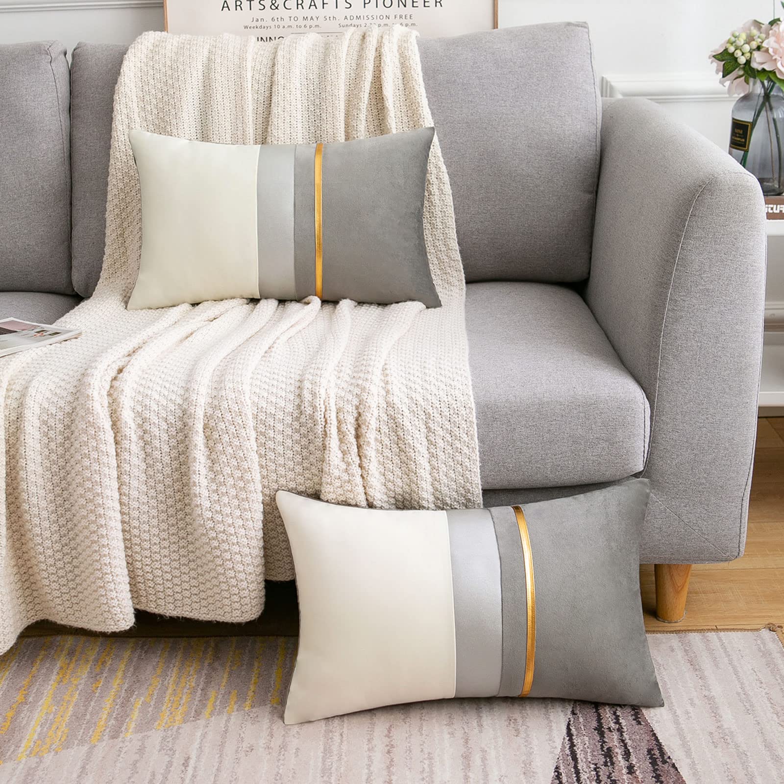 RainRoad Velvet Decorative Throw Pillow Covers Cushion Cover Pillow Case For Sofa Couch Bed Chair Soft Square Gray Throw Pillows 12x20 Inch,Set Of 2