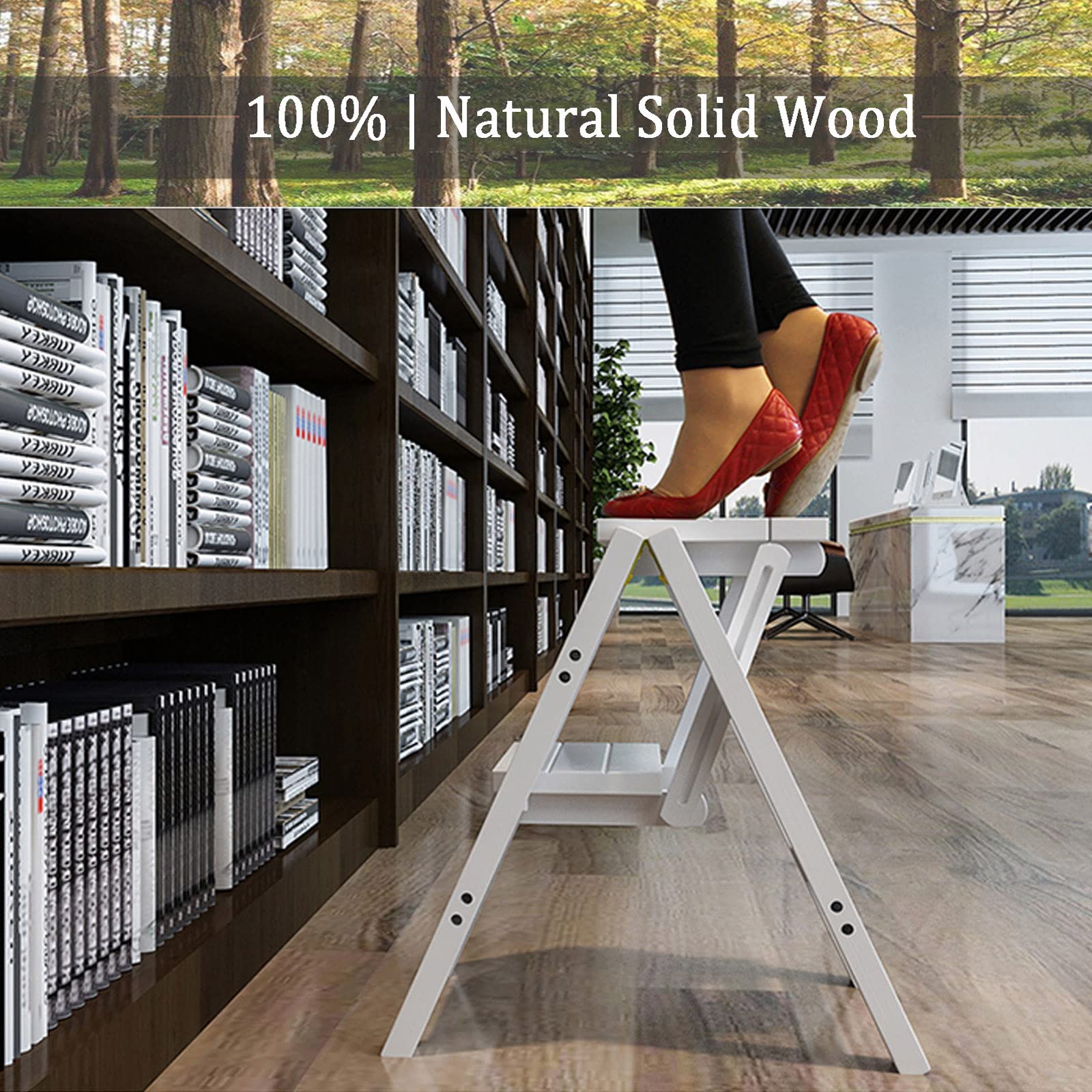Escalera de Tijera de Madera portátil, Taburete Plegable, Asientos escalonados, Multiusos para Sala de Estar, hogar y Oficina, Capacidad de Carga de 330lb