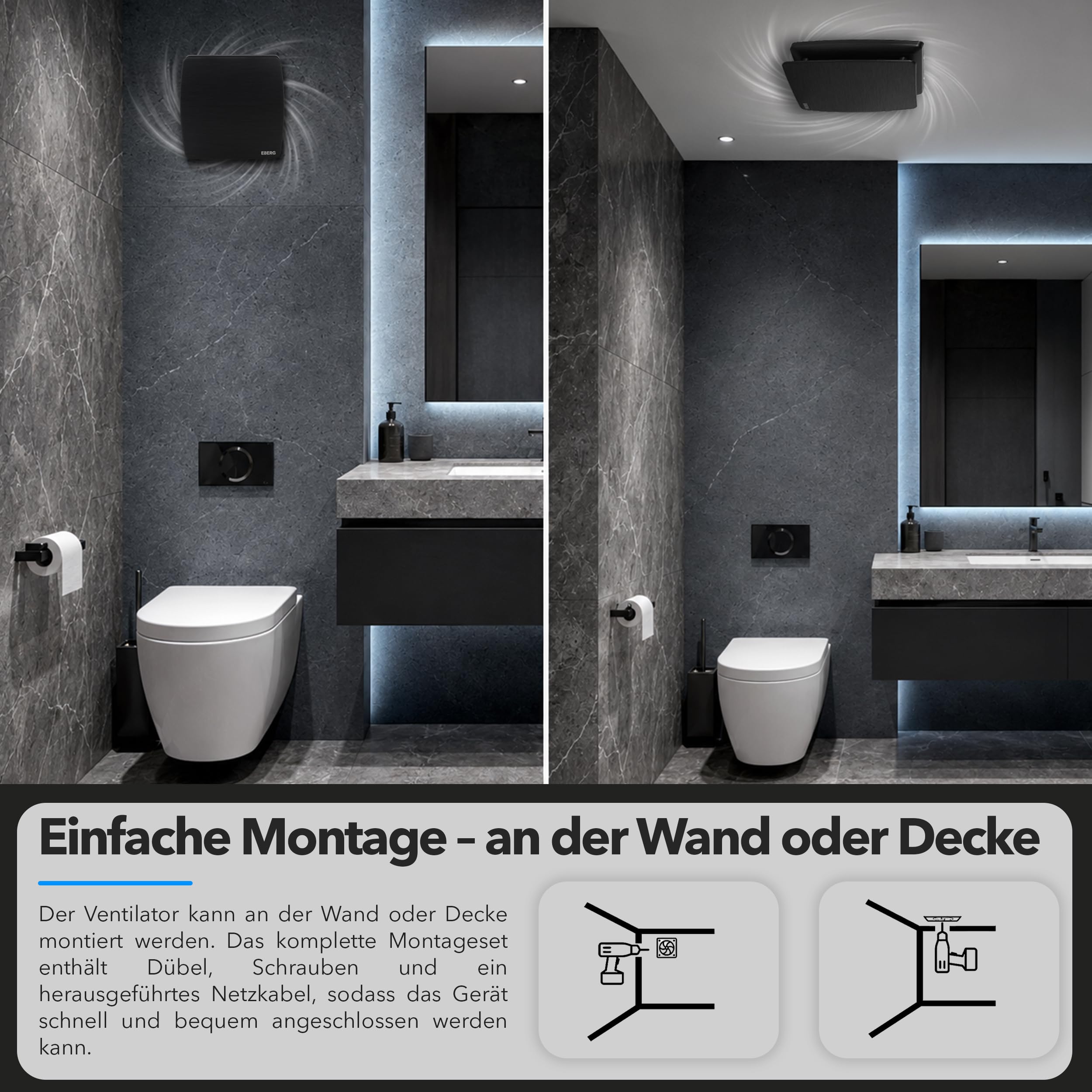 EBERG AXI 100 BHT Badventilator 100 mm schwarz mit Hygrostat, Timer und Rückschlagklappe, leiser Abluftventilator mit Kugellager für Bad und WC, Wand- und Deckenmontage