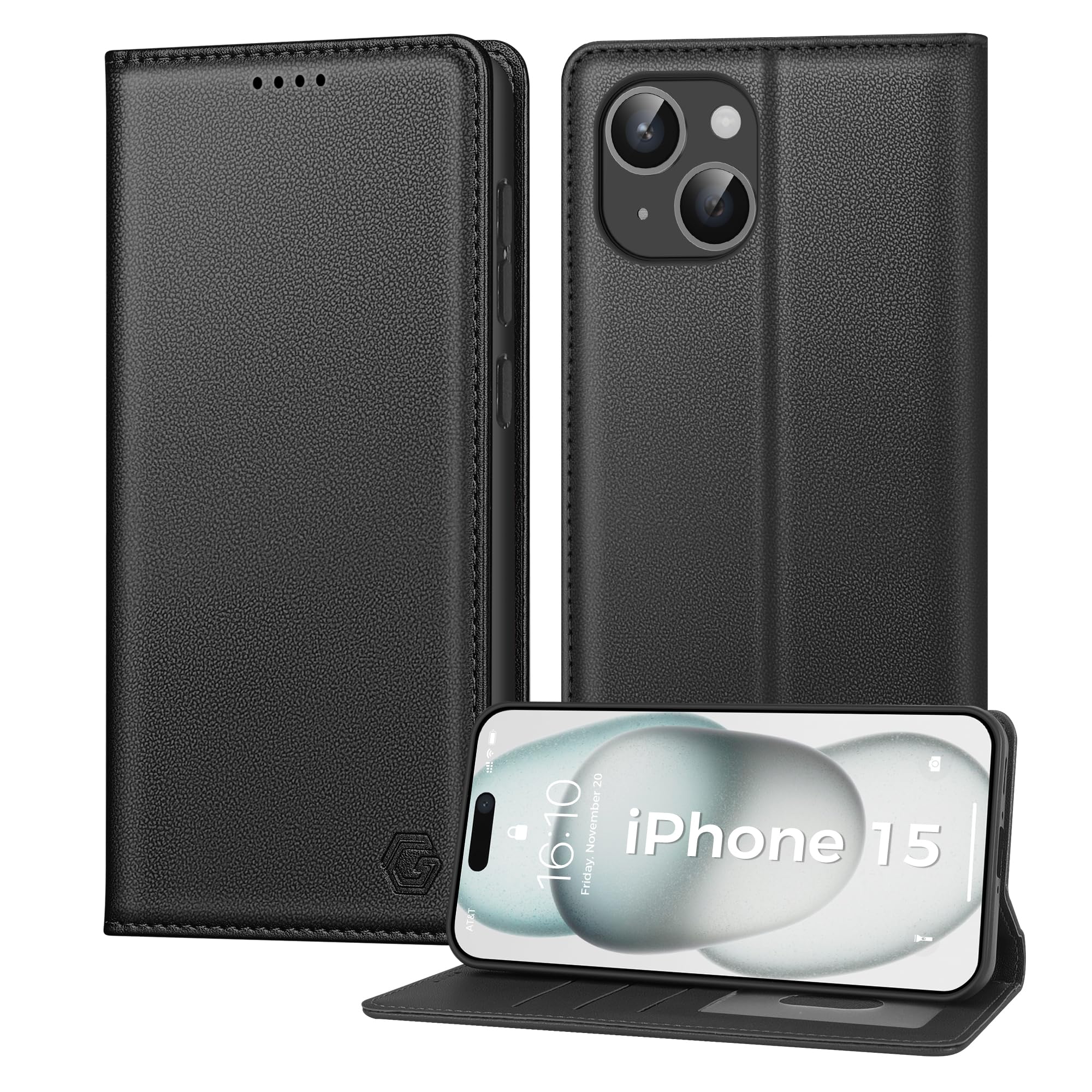 Kirnntca Handyhülle für iPhone 15 Hülle, Kartenfach Premium PU Leder Klapphülle Schutzhülle, Standfunktion Tasche Flip Case für iPhone 15 - Schwarz
