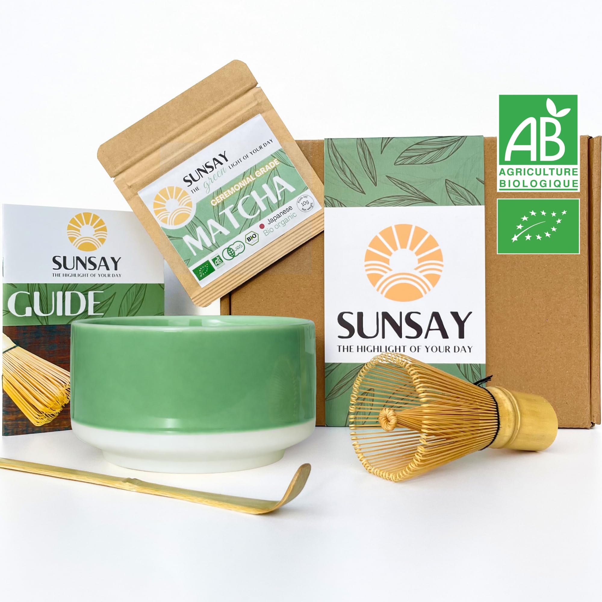 SUNSAY® Kit Matcha Bio Japonais | Coffret Complet avec Matcha Grade Cérémonial + Bol Chawan + Fouet Chasen + Cuillère Bambou | Conditionné en France