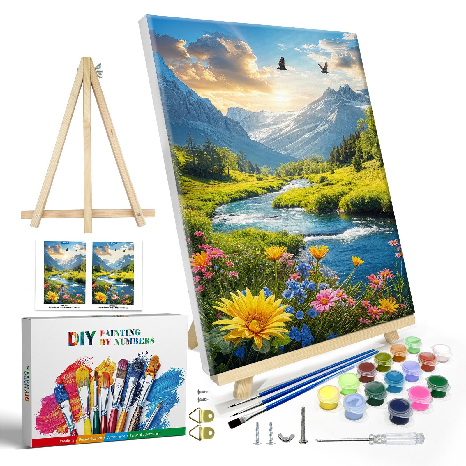 JOOZ Paint by Numbers Kit for Adults with Frame, Mountain Sunset Paint by Number with Easel, DIY Landscape Flower Oil Painting by Number, Adult Paint by Number Kits on Canvas for Wall Decor 8x12 Inch