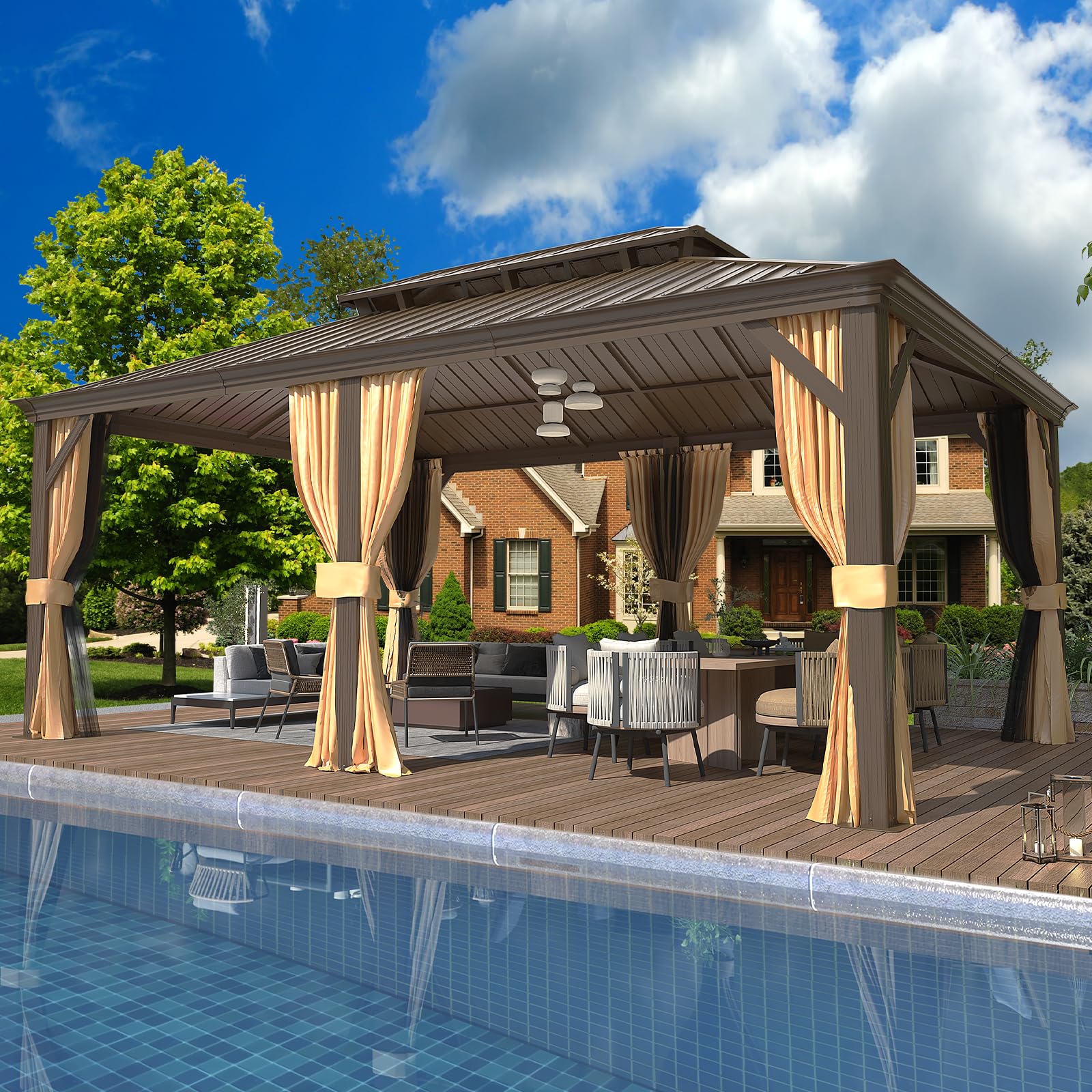 EROMMY 12'x18' Galvanized Steel Hardtop Gazebo for Patios and Gardens Brown Aluminum Frame Pavilion