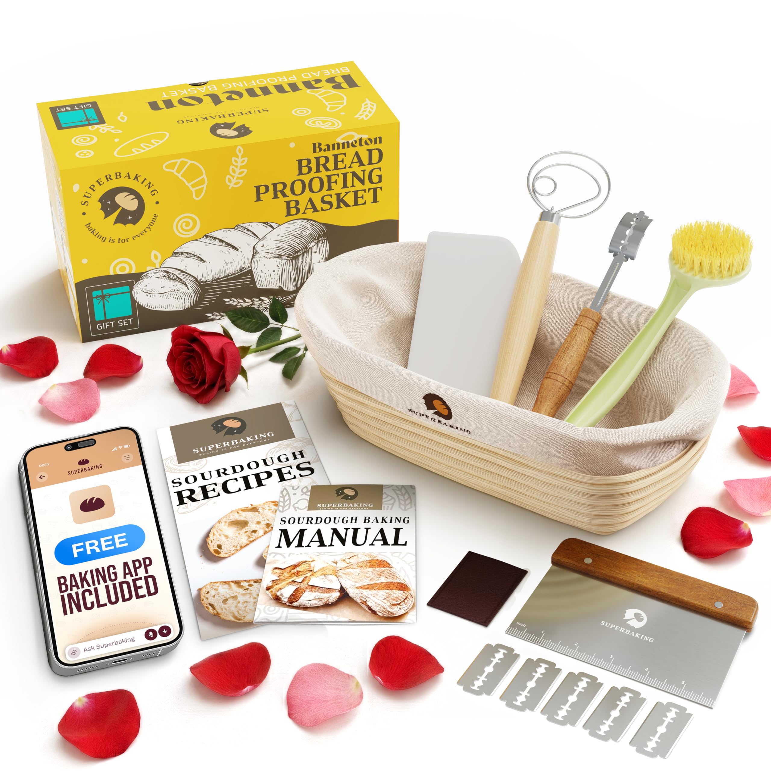 Superbaking 10" Oval Banneton Bread Proofing Basket Gift Set – Sourdough Starter Kit for Crusty Artisan Style Loaves, Includes Essential Bread Baking Supplies & Tools - Ideal Gift for Bakers