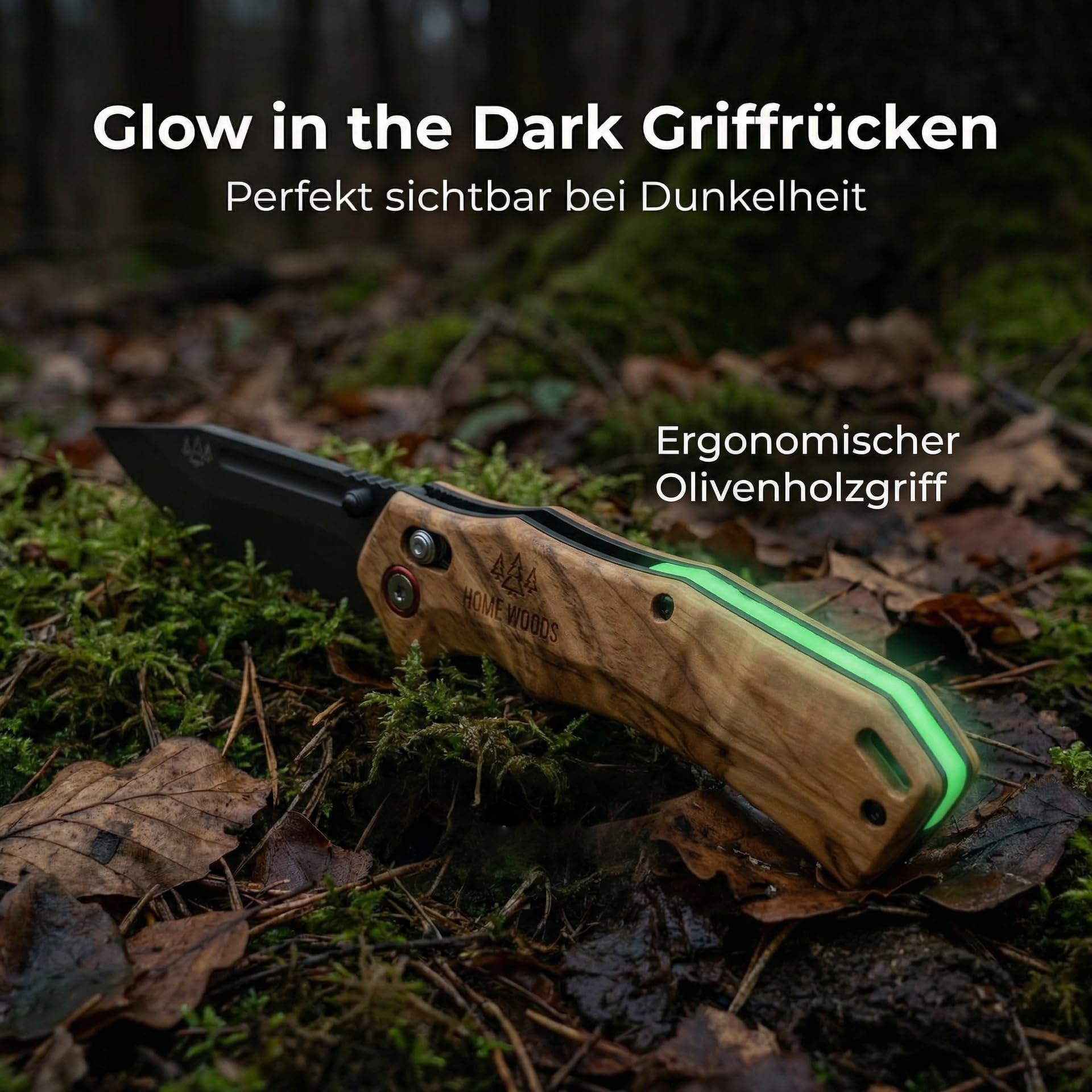 Outdoormesser, Einhandmesser – Klappmesser mit 7Cr17MOV Edelstahlklinge – Ergonomischer Griff mit leuchtendem Rücken – inkl. Ledergürteltasche & Zubehör