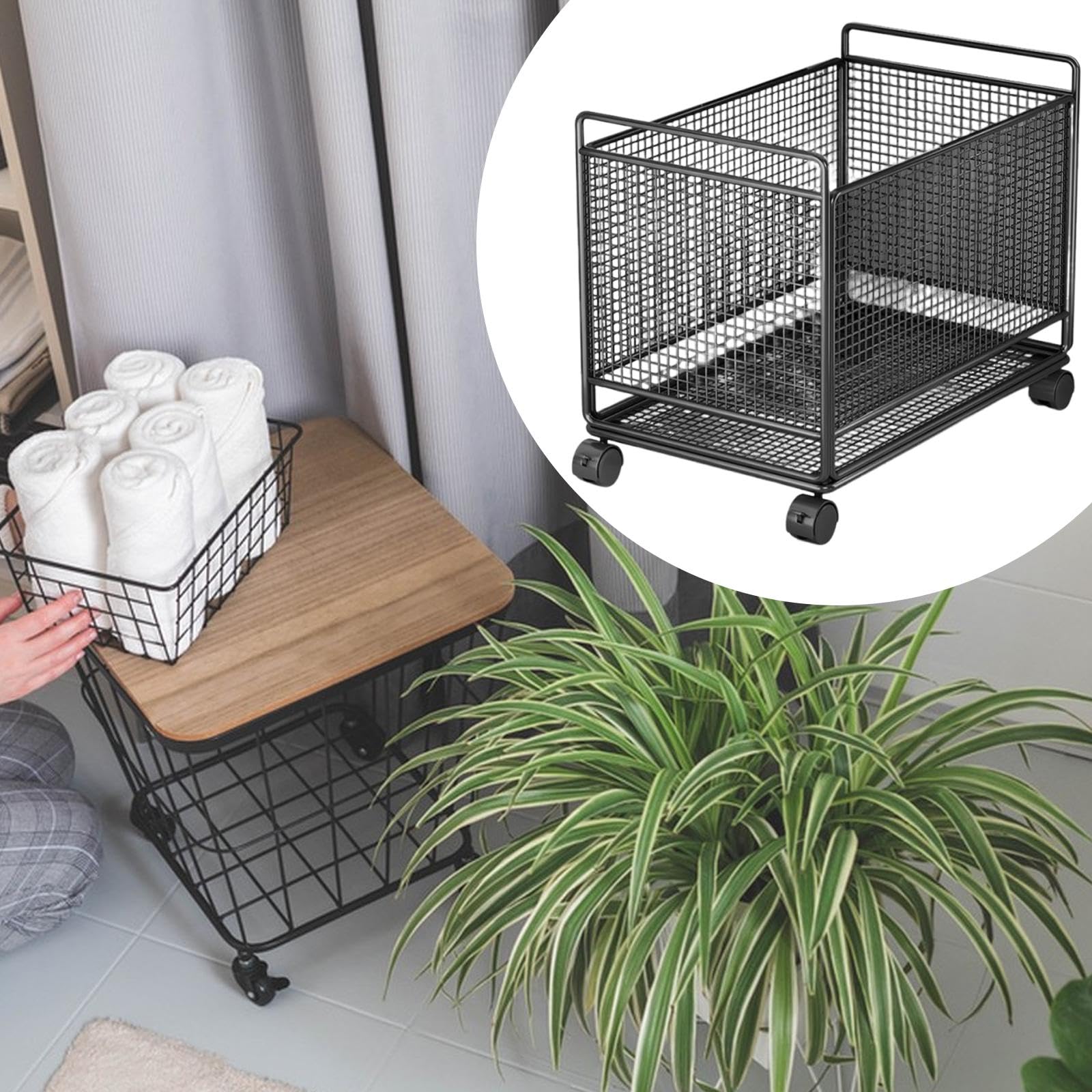 rockible Cesta de Lavandería con Ruedas de Alambre de Metal, Práctica Cesta de Almacenamiento para Ropa Sucia, Ideal para La Entrada del Hogar Y El Dormitorio, Negro, L