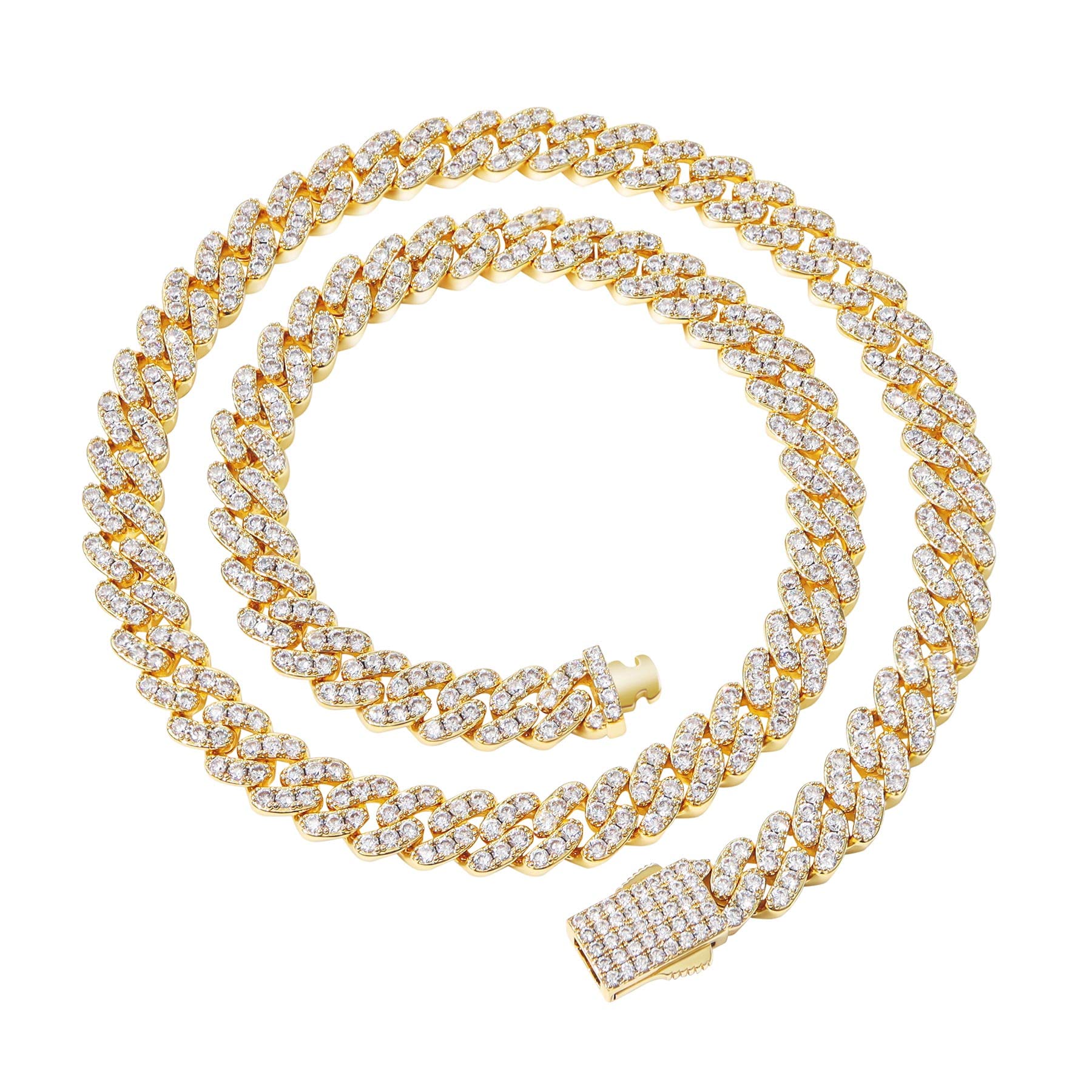 Iced Classic Spring Clasps 9mm Cuban Link Chain Necklace/Bracelet, Everlasting Shine 14k Gold/Silver Plated Diamond Choker, Prong-Setting 5A Cubic Zirconia Hip Hop Jewelry For Men Women with Gift Box
