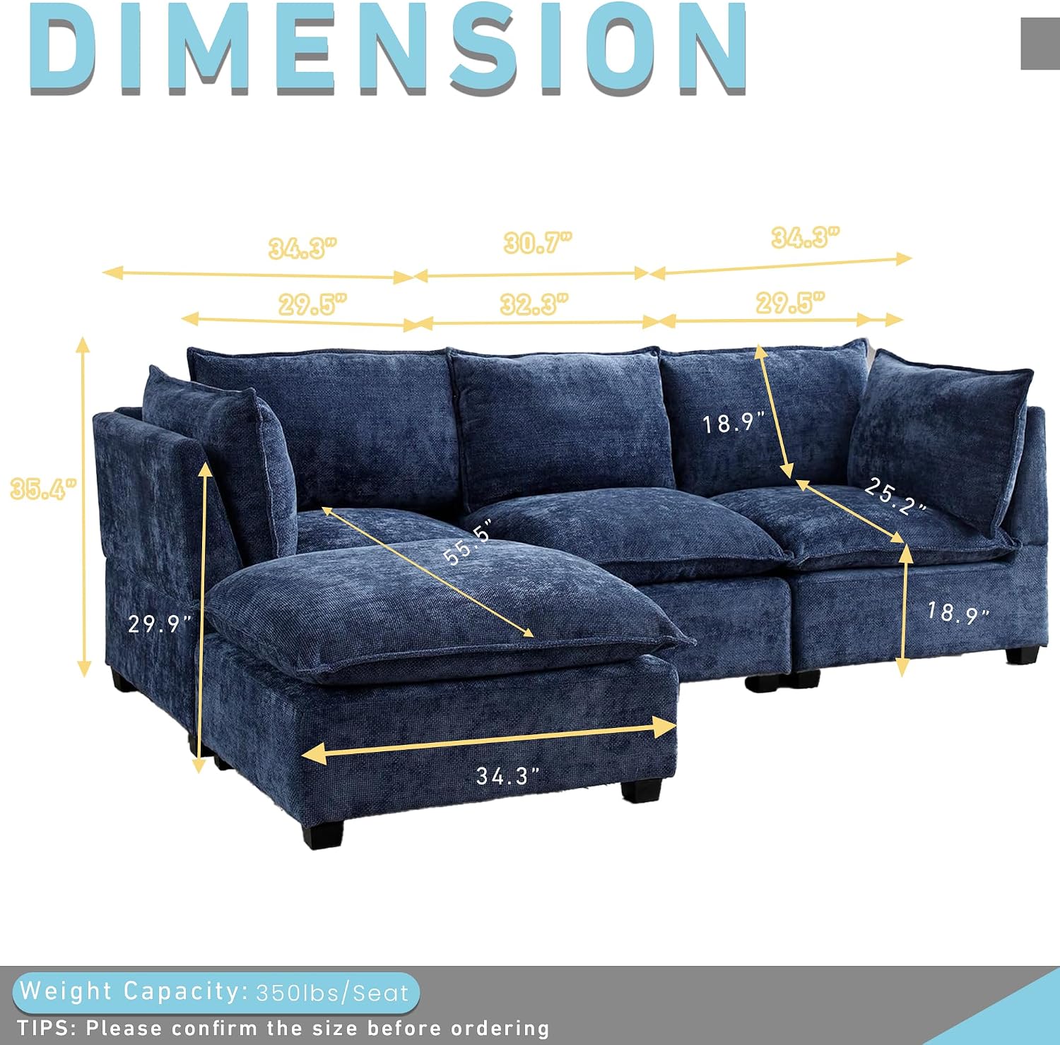 99" Oversized Chenille Modular Sectional Sofa, Deep Seat Modern Cloud Sectional Couches with Ottoman, High-Resiliency Foam,Convertible Couches for Living Room (Blue, L Shpae) | Sectional, High Resiliency Foam, Flexible, Deep Seat