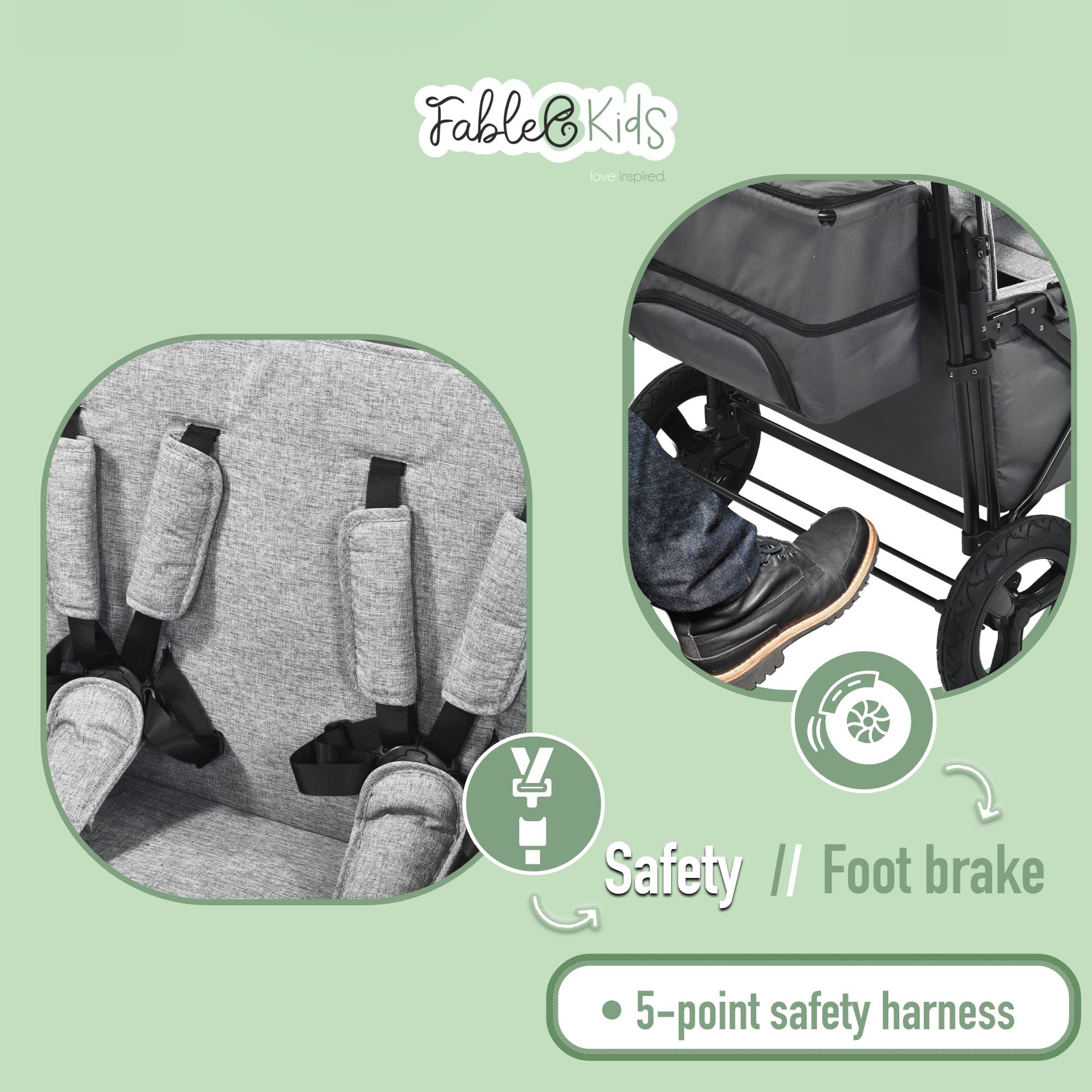 FableKids Follower Passeggino Leo X4Plus con tetto | Caricabile fino a 20kg per seduta | Imbracatura a 5 punti 4X | Ruote offroad a 360° | Freno a pedale | Oxford 600D| Maglie di ventilazione | grigio