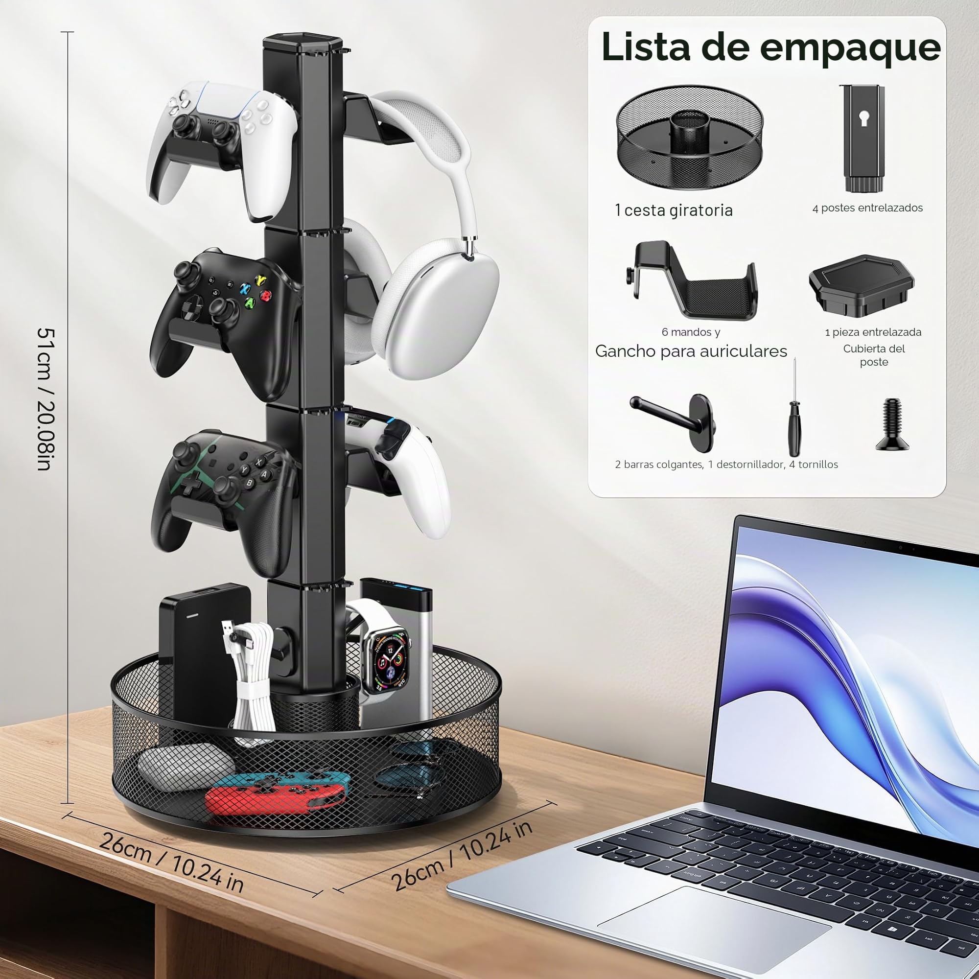 Kosker Soporte para Mando Mesa de Gran Capacidad con Cesta Giratoria, Universal Soporte Auriculares y Mando para PS5/PS4/Xbox/Switch/PC Accesorio, Colgador Cascos con Organizador de Cable, 4 Niveles