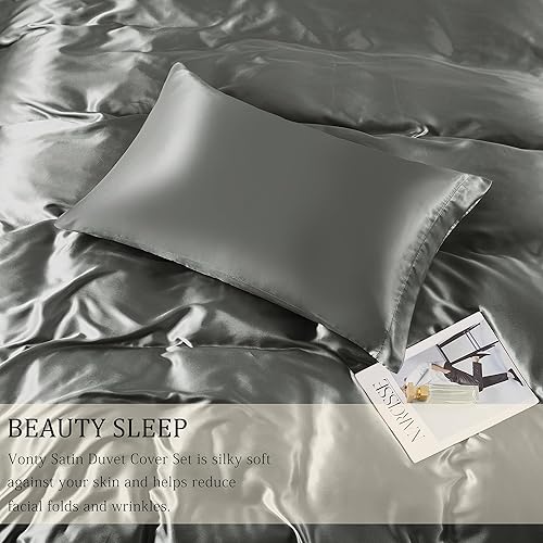 Miniatura 10 de Vonty Juego de funda de edredón de satén sedoso de 3 piezas, funda de edredón tamaño King, juego de funda de edredón rosa orgánico natural de 400