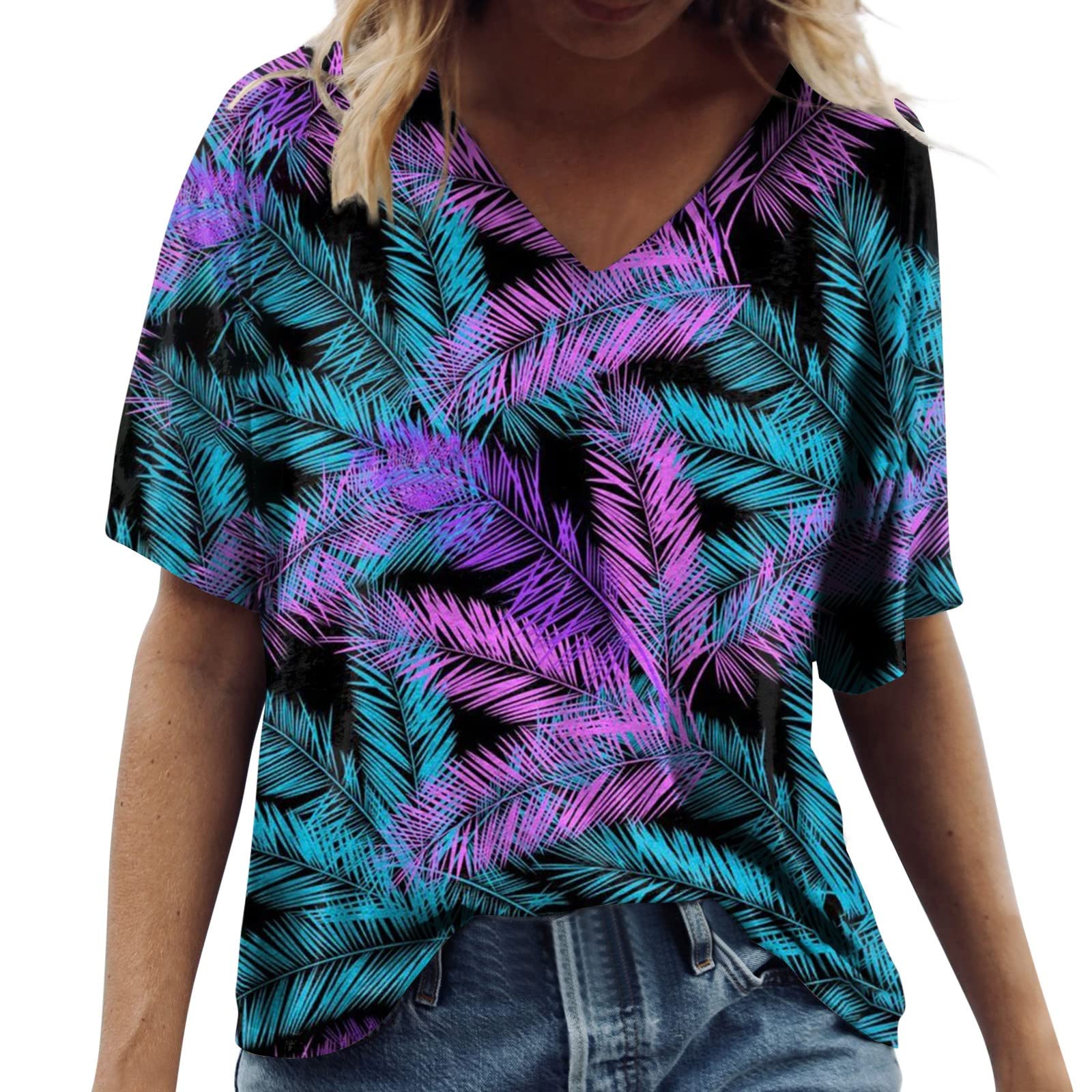 Women's Trendy Tops 2023 Casual Leopard Print V-Neck Blouse Summer Short Sleeve Office Going Out T-Shirt