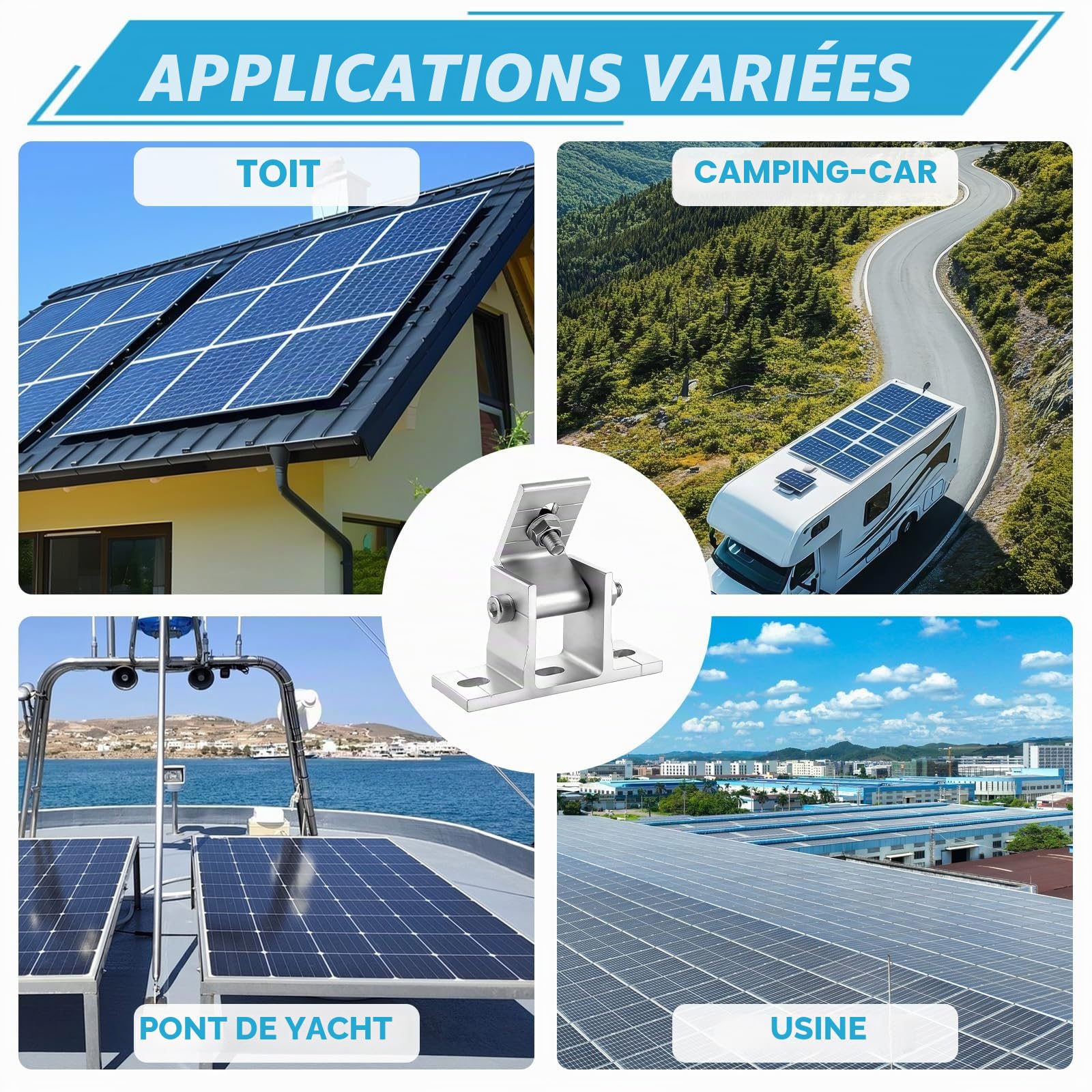 WOPPLXY Lot de 8 Support Panneau Solaire, Fixation Panneau Solaire Réglable de 10 à 60°, Kit Fixation Panneaus Solaires Fabriqué en Alliage d'Aluminium (Sans Perche Télescopique)
