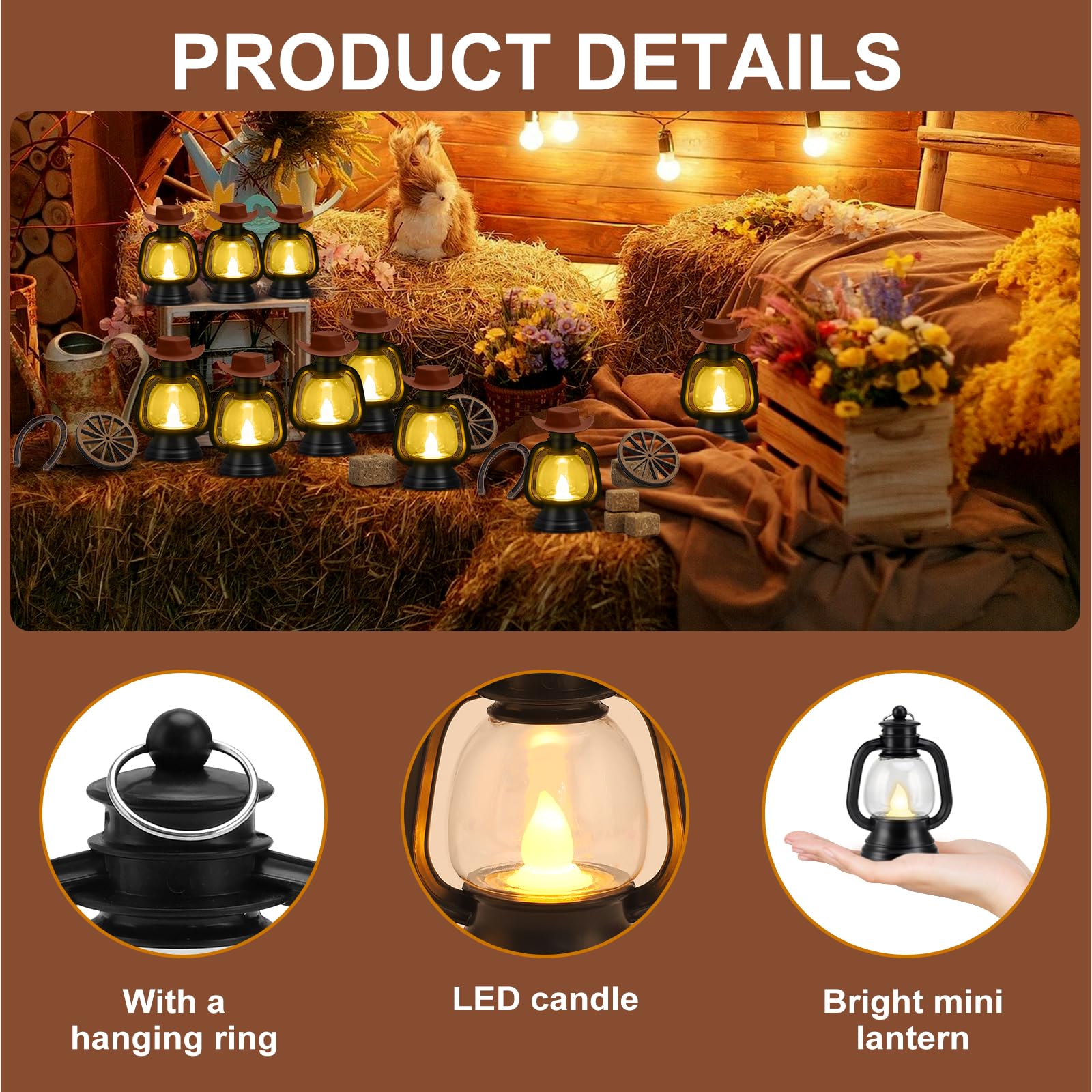 100 piezas de centro de mesa de fiesta temática occidental, decoración de fiesta de vaquero con mini pacas de heno, mini sombrero de vaquero, mini linterna negra, rueda de carro de herradura para