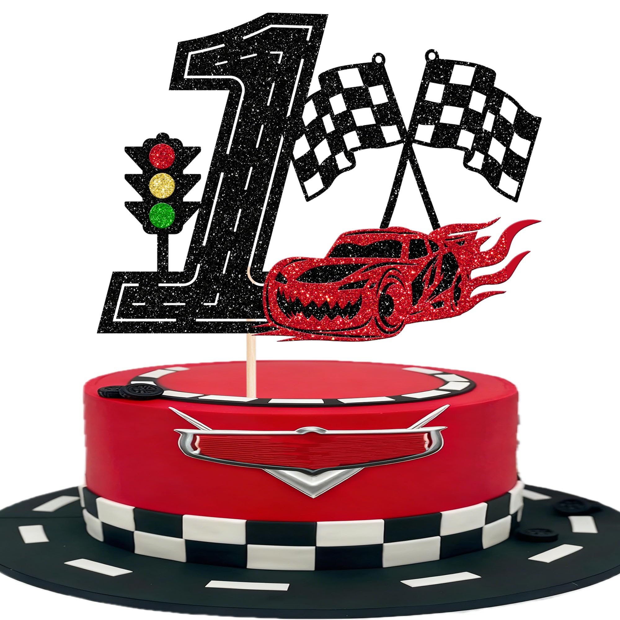 1 Stück Renn Auto 1st Geburtstag Tortendeko Glitzer Happy Birthday Cake Topper Ampel Karierte Flagge Kuchen Deko für Rennen Thema Baby Dusche Jungen Mädchen Geburtstag Party Kuchen Dekorationen