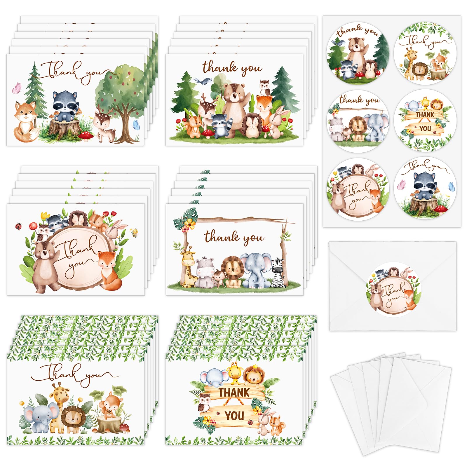 36 Sets Woodland Thank You Cards with Envelopes Stickers Jungle Animal Thank You Note Card Forest Animals Cards for Baby Shower Wedding Bridal Shower Mothers Day Graduation Teacher Appreciation