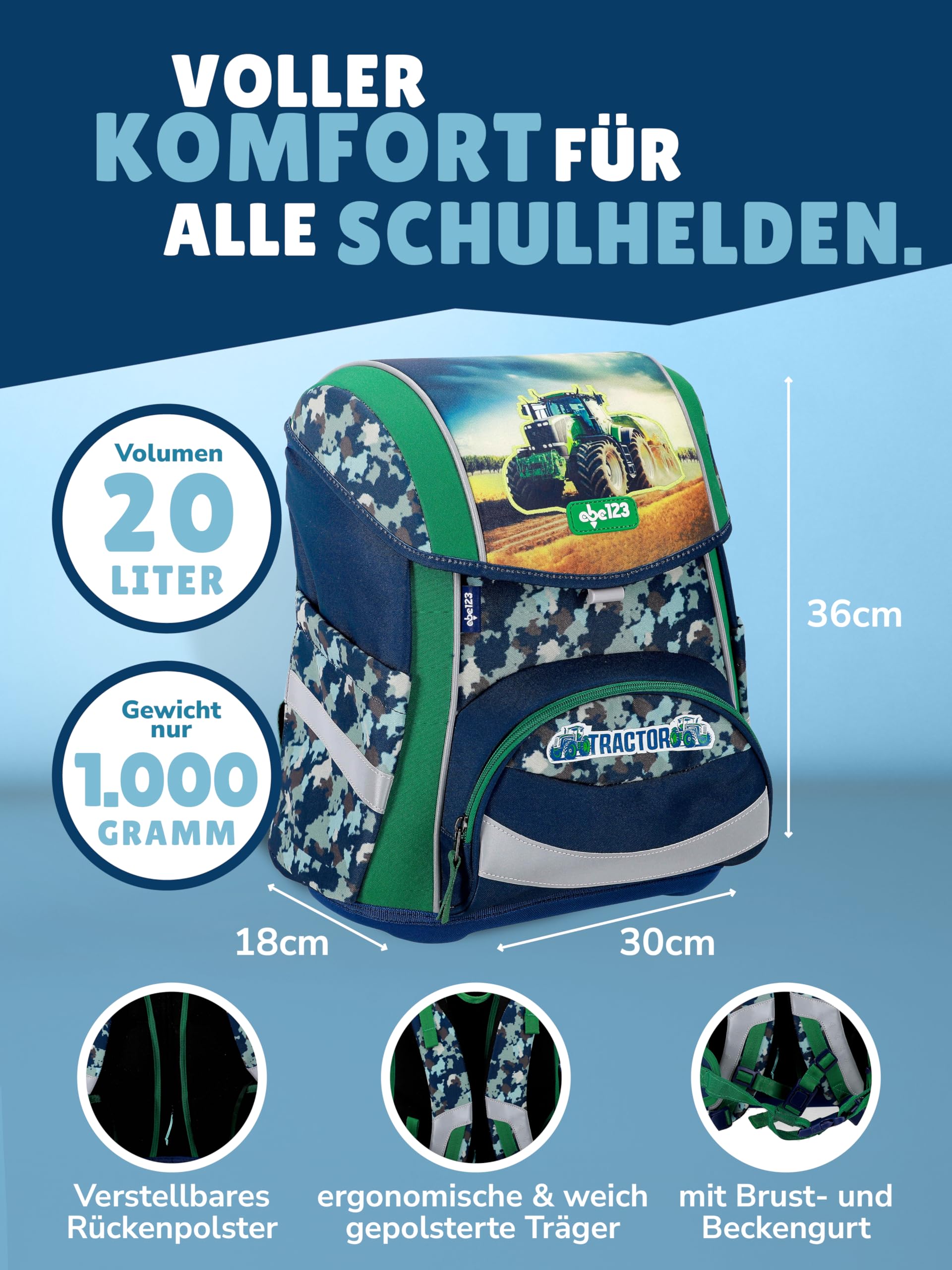 Familando - Ergo Premium Schulranzen Set - 5-teilig mit Federmappe - Traktor Blau Grün - Ergonomisch, stabil & mit verstellbarem Rückenpolster - 1000g - 20L Volumen - Mit Reflektoren - ab 1. Klasse