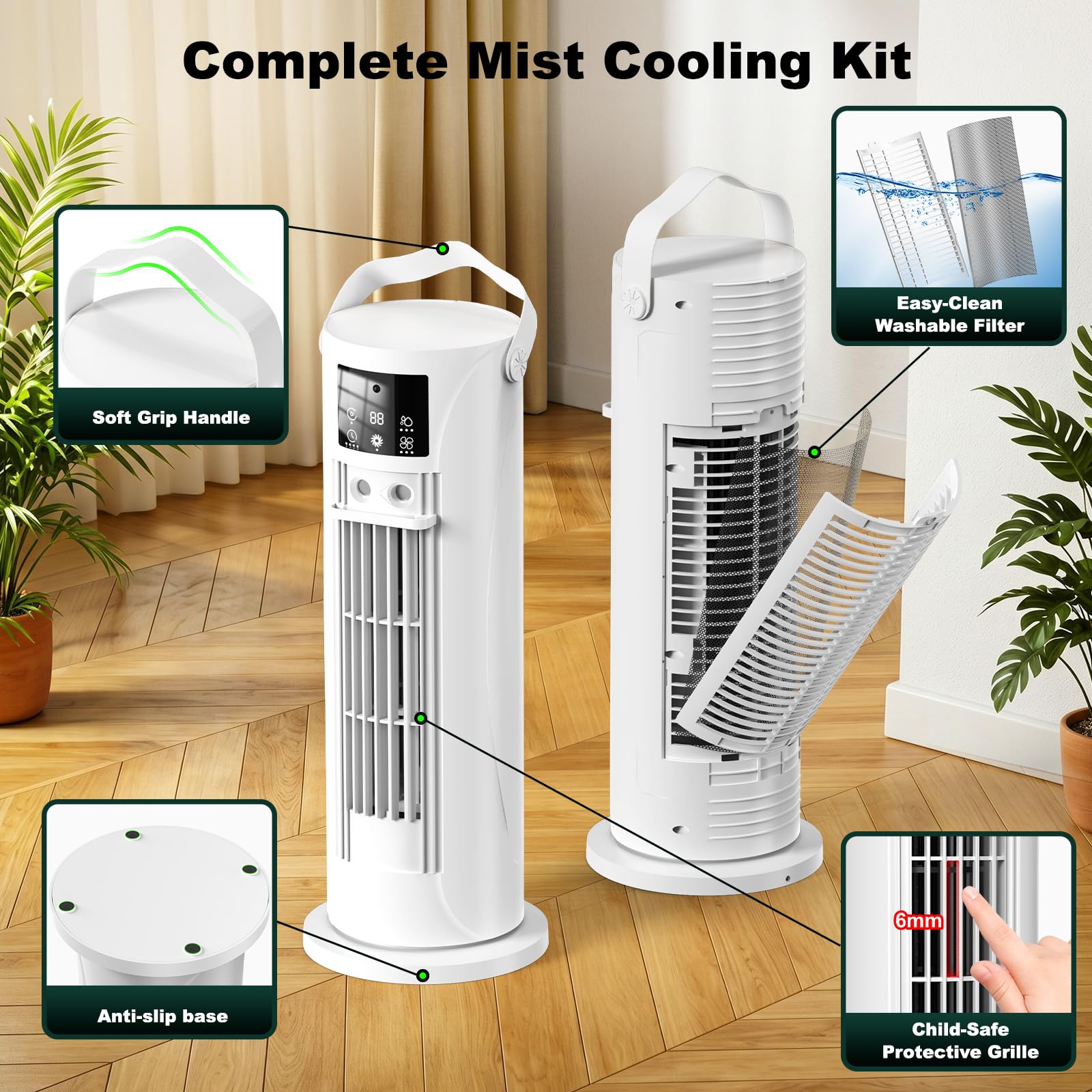 Condizionatore Portatile Modalità Tempesta,Raffrescatore Aria 4 in 1 Silenzioso 28dB, Ventilatore Senza Pale,Oscillazione 120°, Doppia Nebbiatura Anti-perdita 750mL, Timer 8H per Casa Ufficio (Bianco)