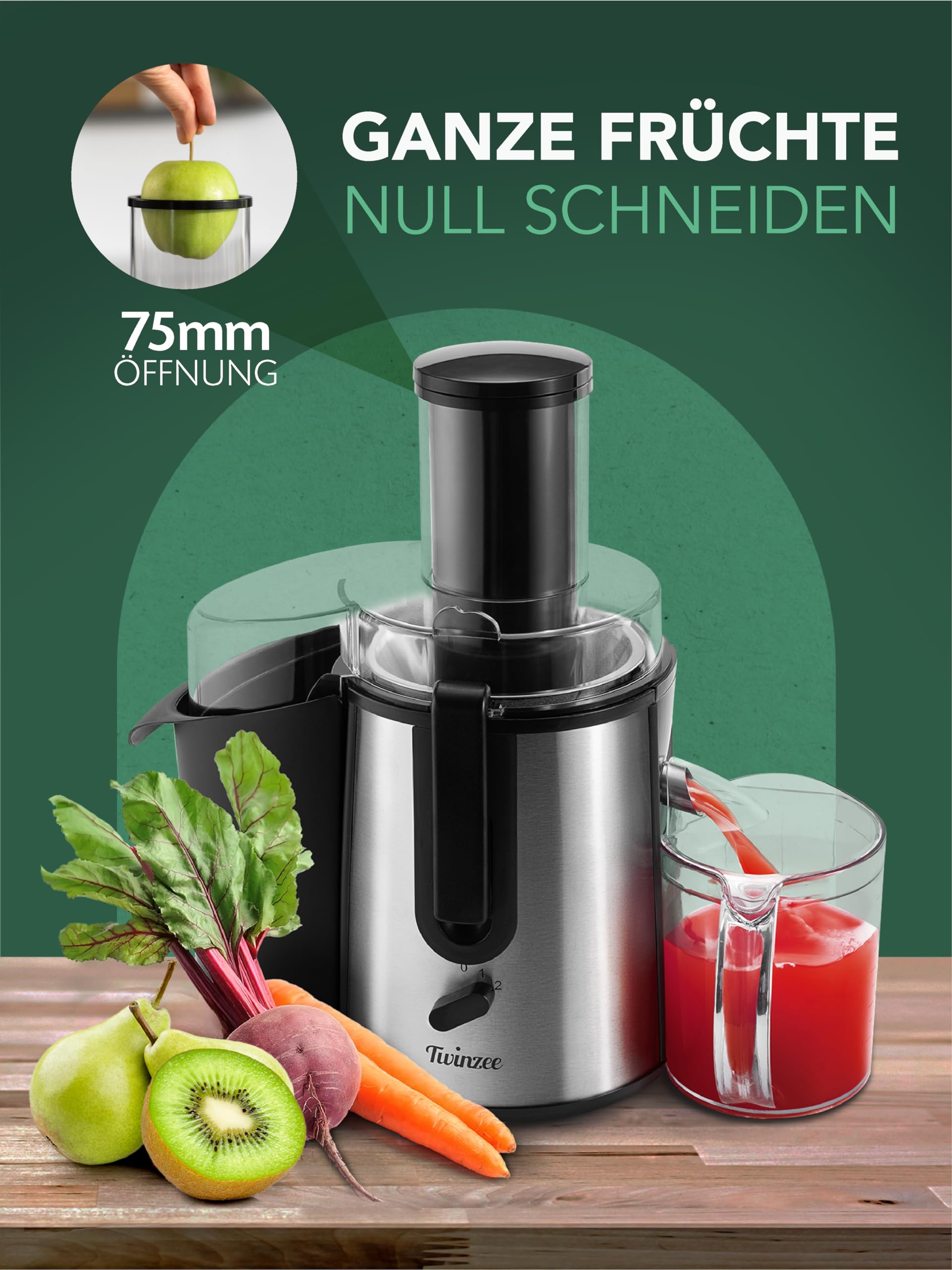Twinzee 850 W Entsafter für Gemüse und Obst – Elektrische Saftpresse mit 2 Geschwindigkeitsstufen und großem Einfüllschacht (75 mm) – Juicer Machine