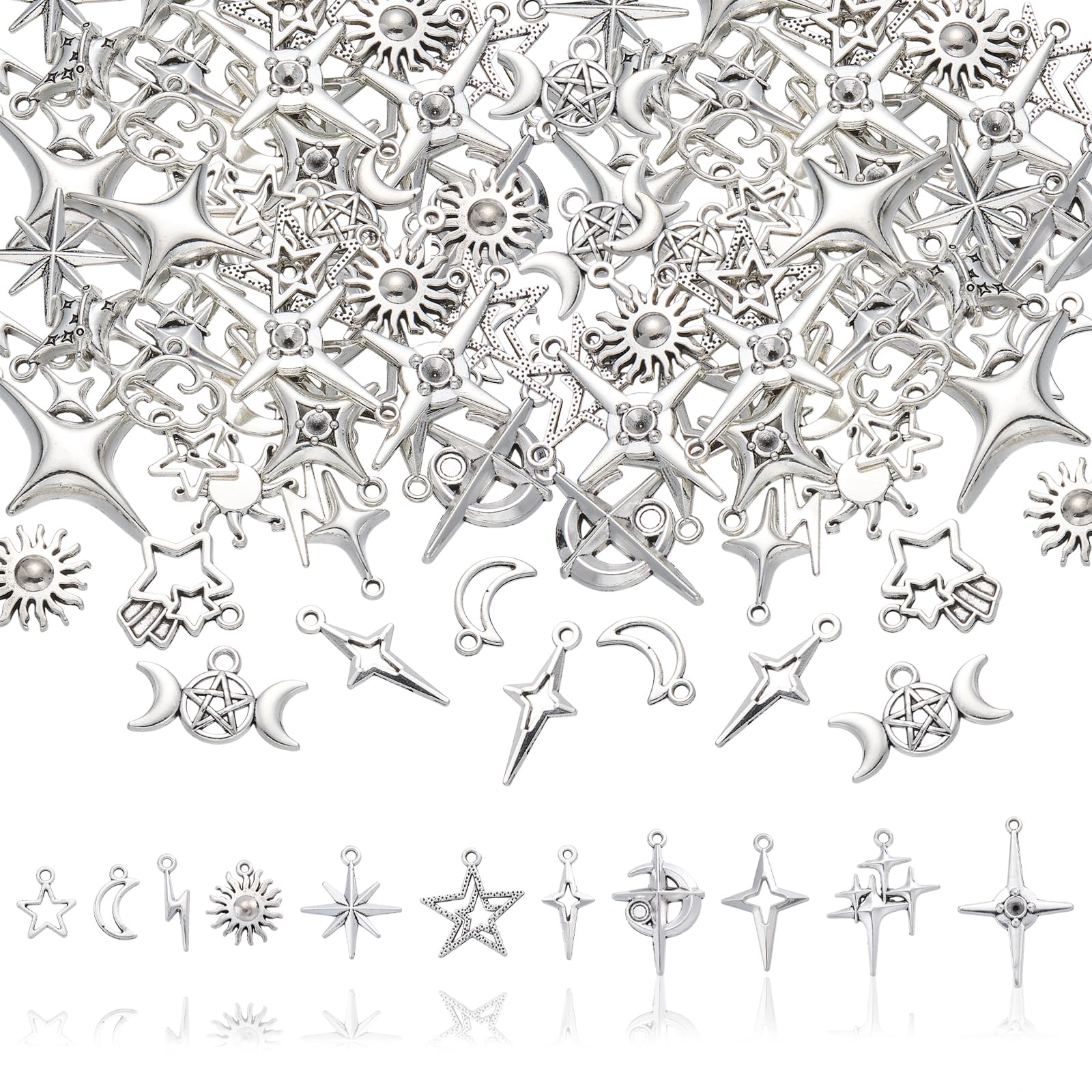 COGCHARGER 100Pcs Star Charms for Jewellery Making Various Antique Silver Charms Tibetan Mixed Alloy Pendants Pentagram Sun Moon Bulk Pendants for Earring Bracelet Necklace DIY Accessories
