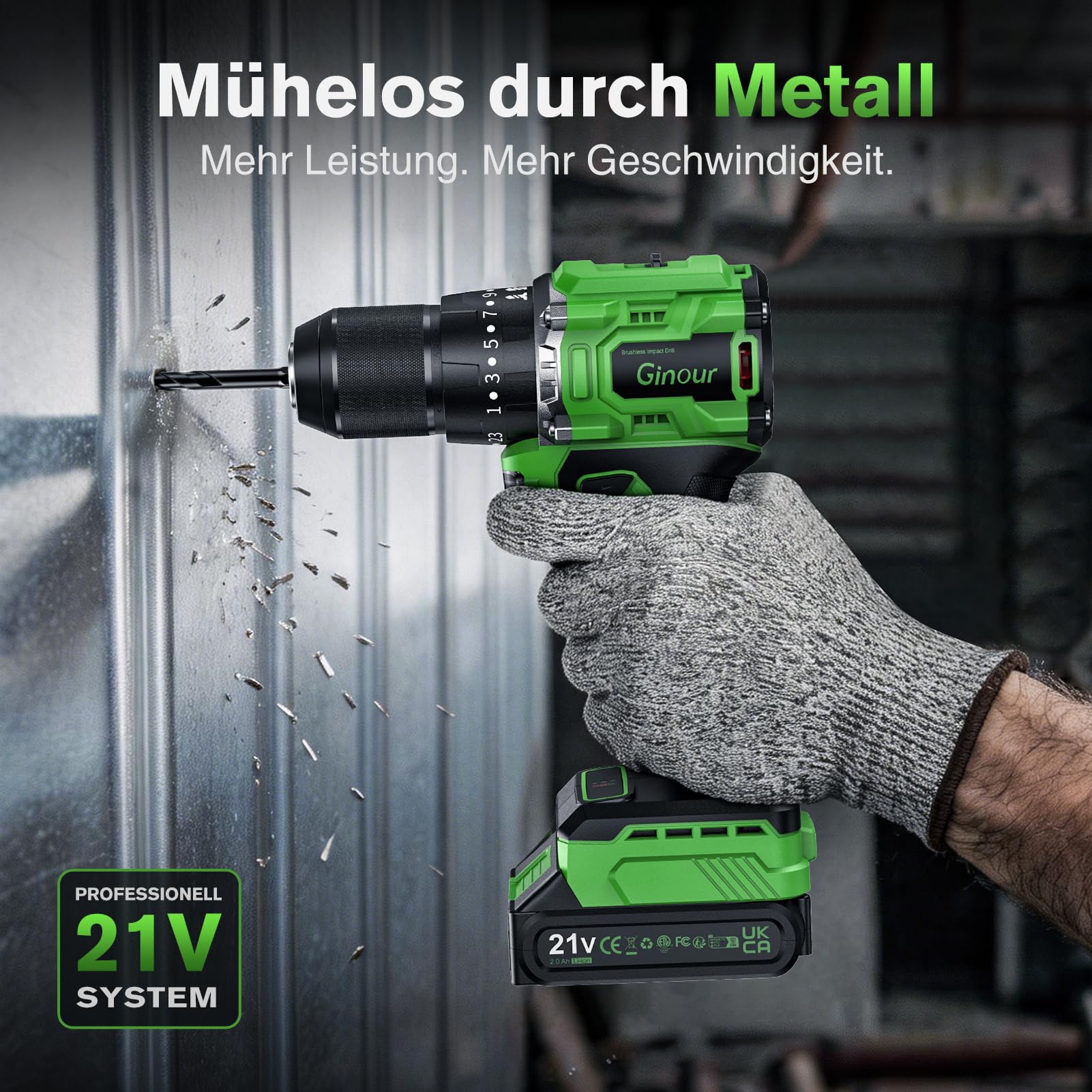 Ginour 50Nm Bürstenlos Akku Schlagbohrschrauber 21V Set, 1x2Ah Akku | kompatibel mit Makita 18V Akku & Ladegerät, 2-Gang, 23+3 Stufen, Zubehör mit Bohrer, LED, 10mm Bohrmaschine & Akkuschrauber