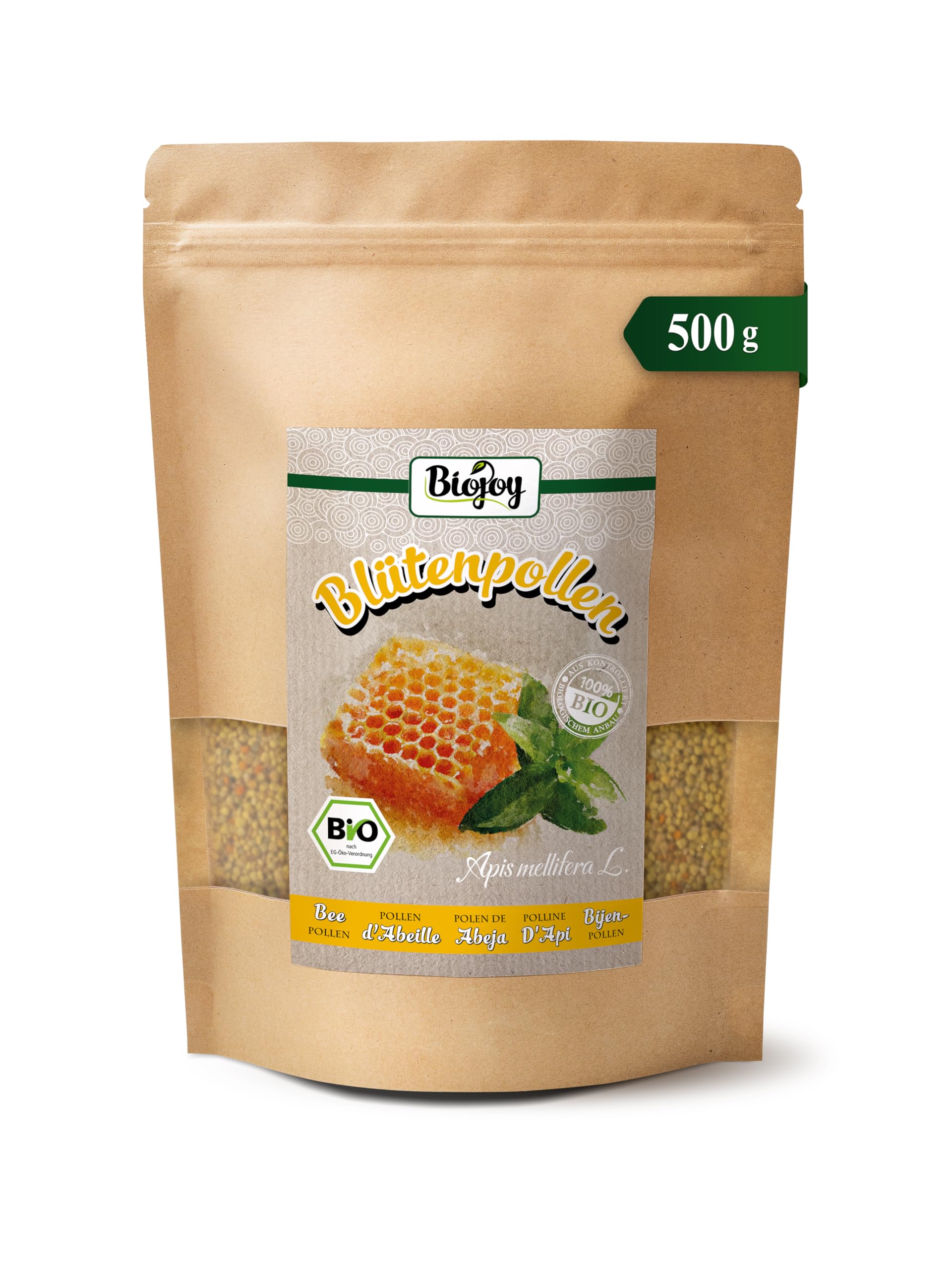 Biojoy Polen de Abeja Ecológico (500 g), Polen de Flores en Gránulos, Natural, Ideal para Comer